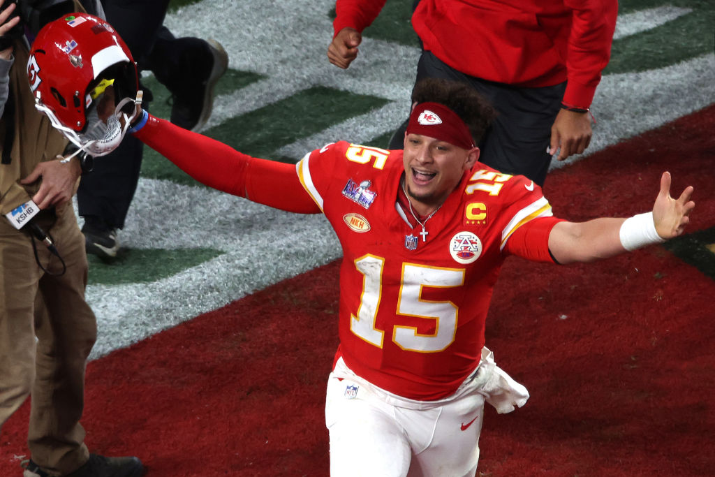 Patrick Mahomes #15 of the Kansas City Chiefs celebrates after defeating the San Francisco 49ers 25-22 in overtime during Super Bowl LVIII at Allegiant Stadium on February 11, 2024 in Las Vegas, Nevada.