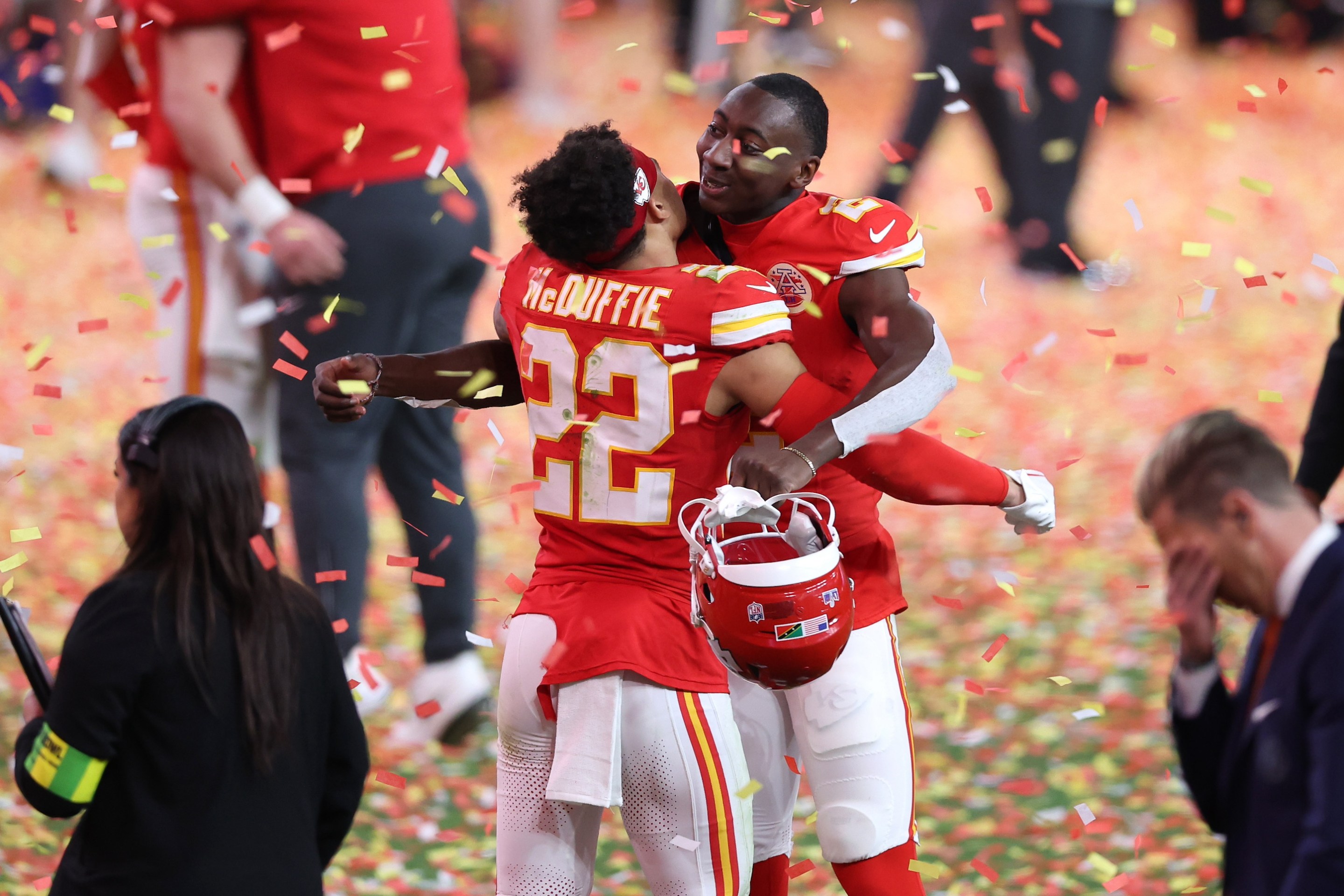 LAS VEGAS, NEVADA - FEBRUARY 11: Trent McDuffie #22 of the Kansas City Chiefs celebrates with teammates after defeating the San Francisco 49ers 25-22 in overtime during Super Bowl LVIII at Allegiant Stadium on February 11, 2024 in Las Vegas, Nevada. (Photo by Steph Chambers/Getty Images)
