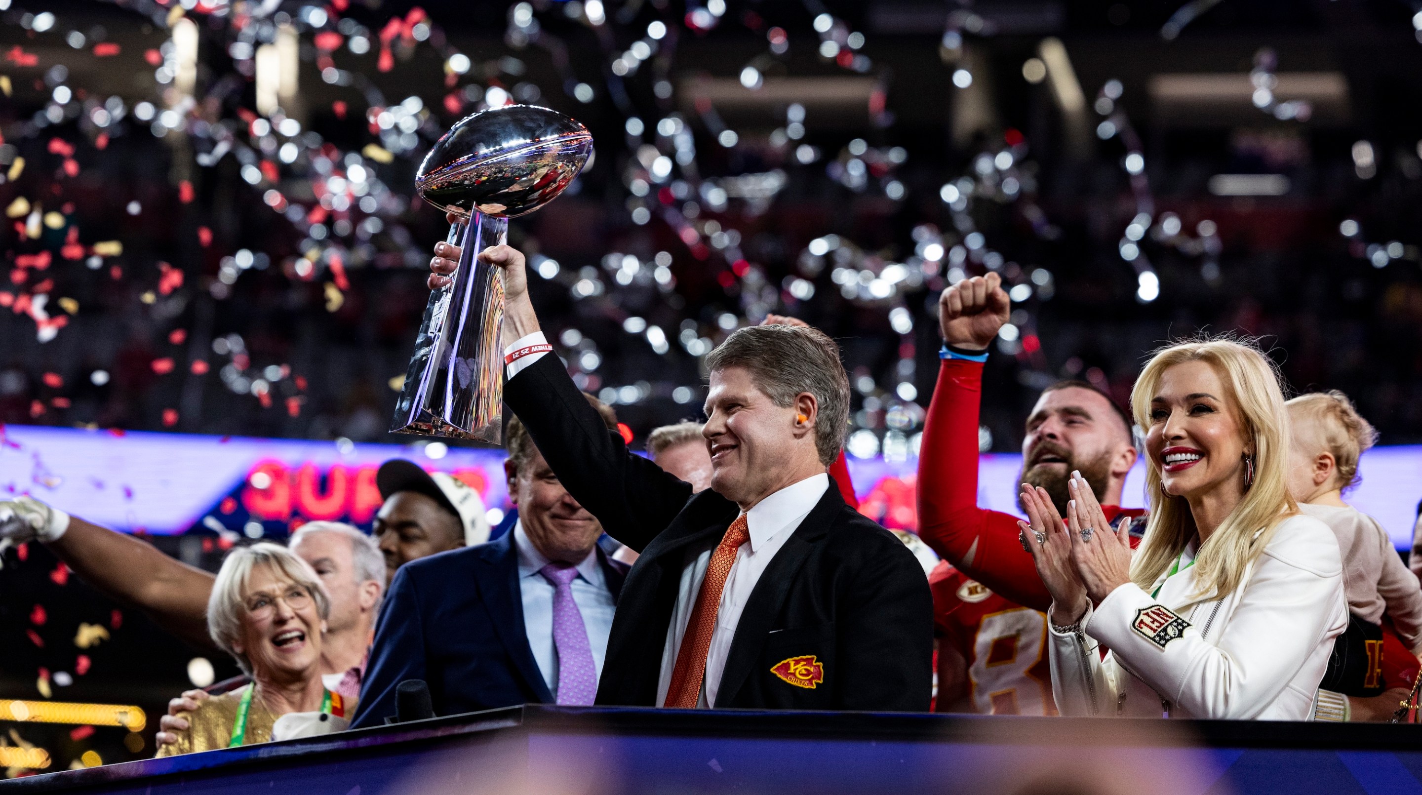 LAS VEGAS, NEVADA - FEBRUARY 11: Clark Hunt owner of the Kansas City Chiefs celebrates after winning Super Bowl LVIII against the San Francisco 49ers at Allegiant Stadium on Sunday, February 11, 2024 in Las Vegas, Nevada. (Photo by Lauren Leigh Bacho/Getty Images)