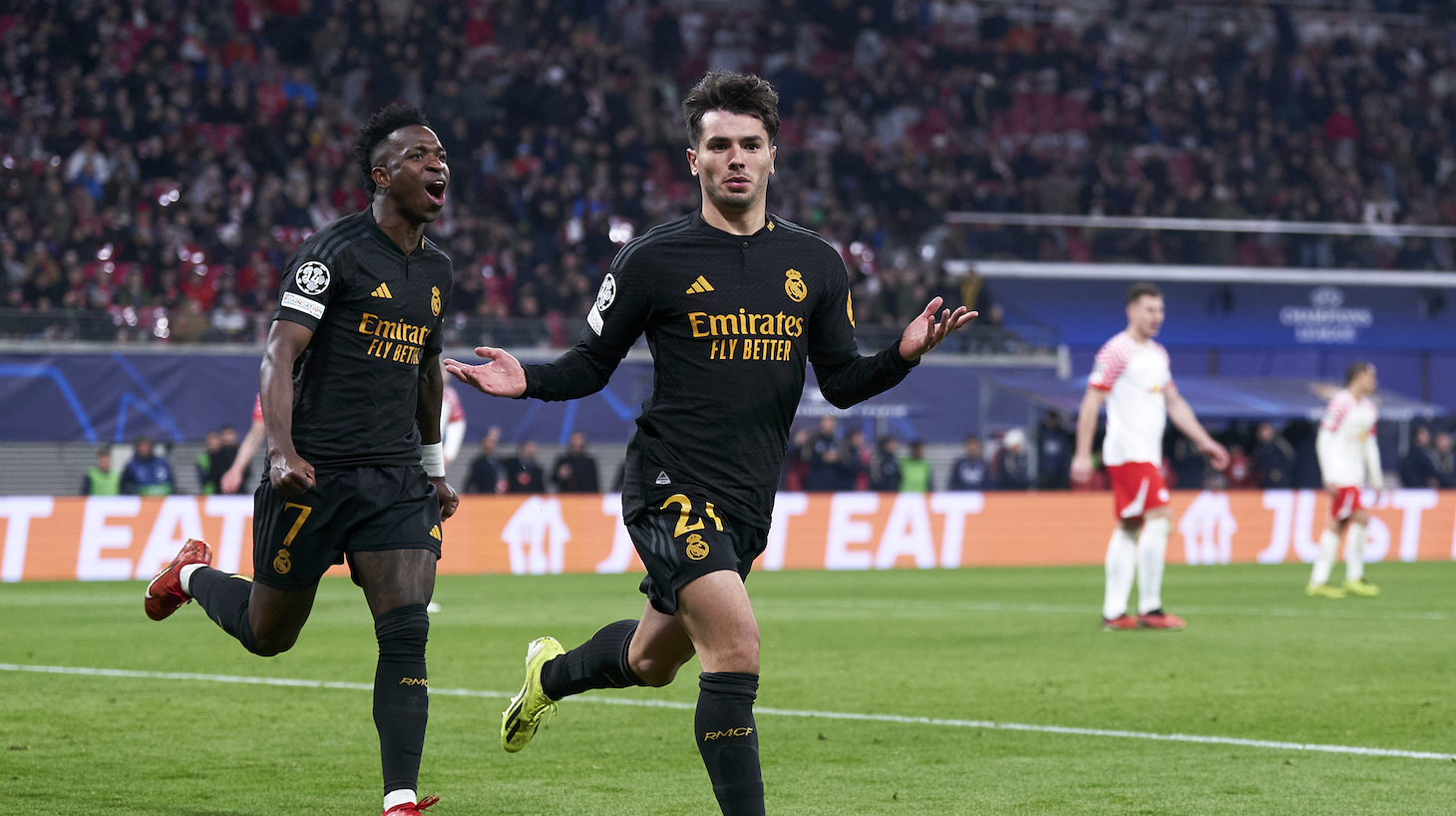 Brahim Diaz of Real Madrid CF celebrates after scoring his team's first goal during the UEFA Champions League 2023/24 round of 16 first leg match between RB Leipzig and Real Madrid CF at Red Bull Arena on February 13, 2024 in Leipzig, Germany.
