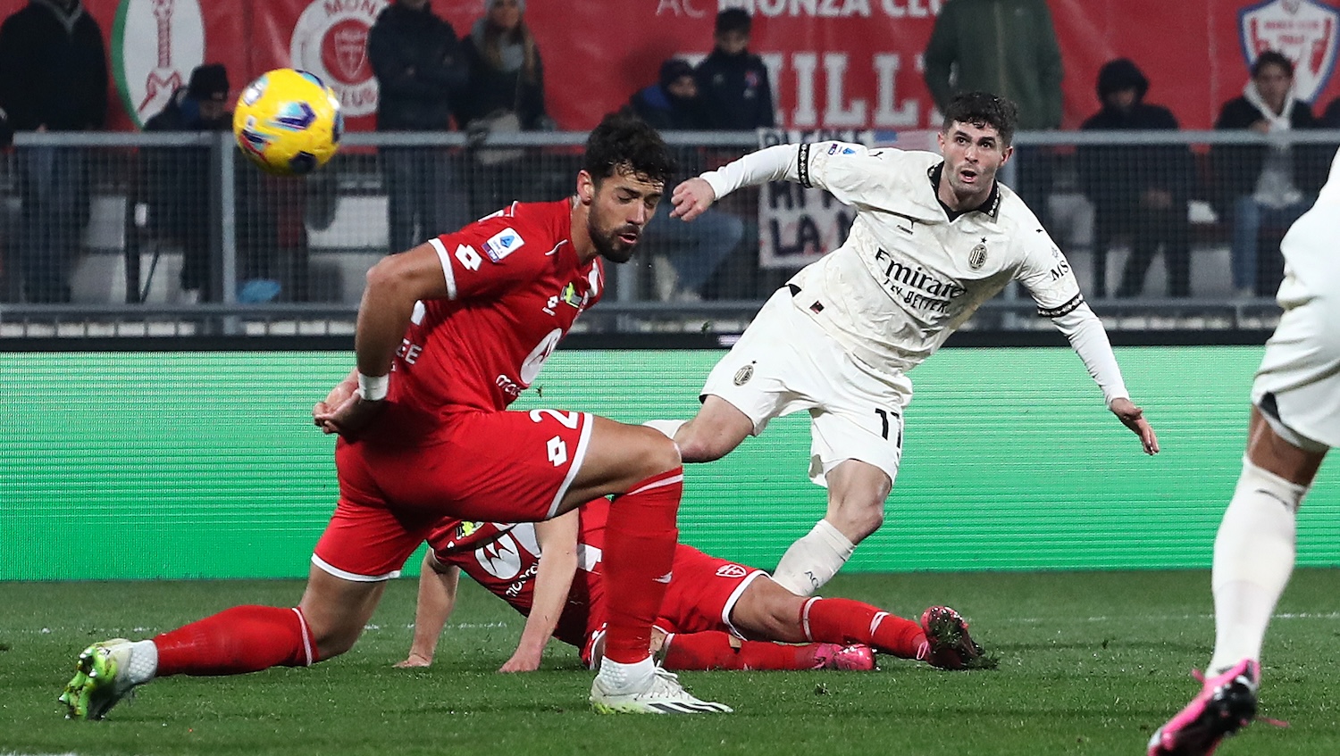 MONZA, ITALY - FEBRUARY 18: Christian Pulisic of AC Milan scores his team's second goal during the Serie A TIM match between AC Monza and AC Milan - Serie A TIM at U-Power Stadium on February 18, 2024 in Monza, Italy. (Photo by Marco Luzzani/Getty Images)