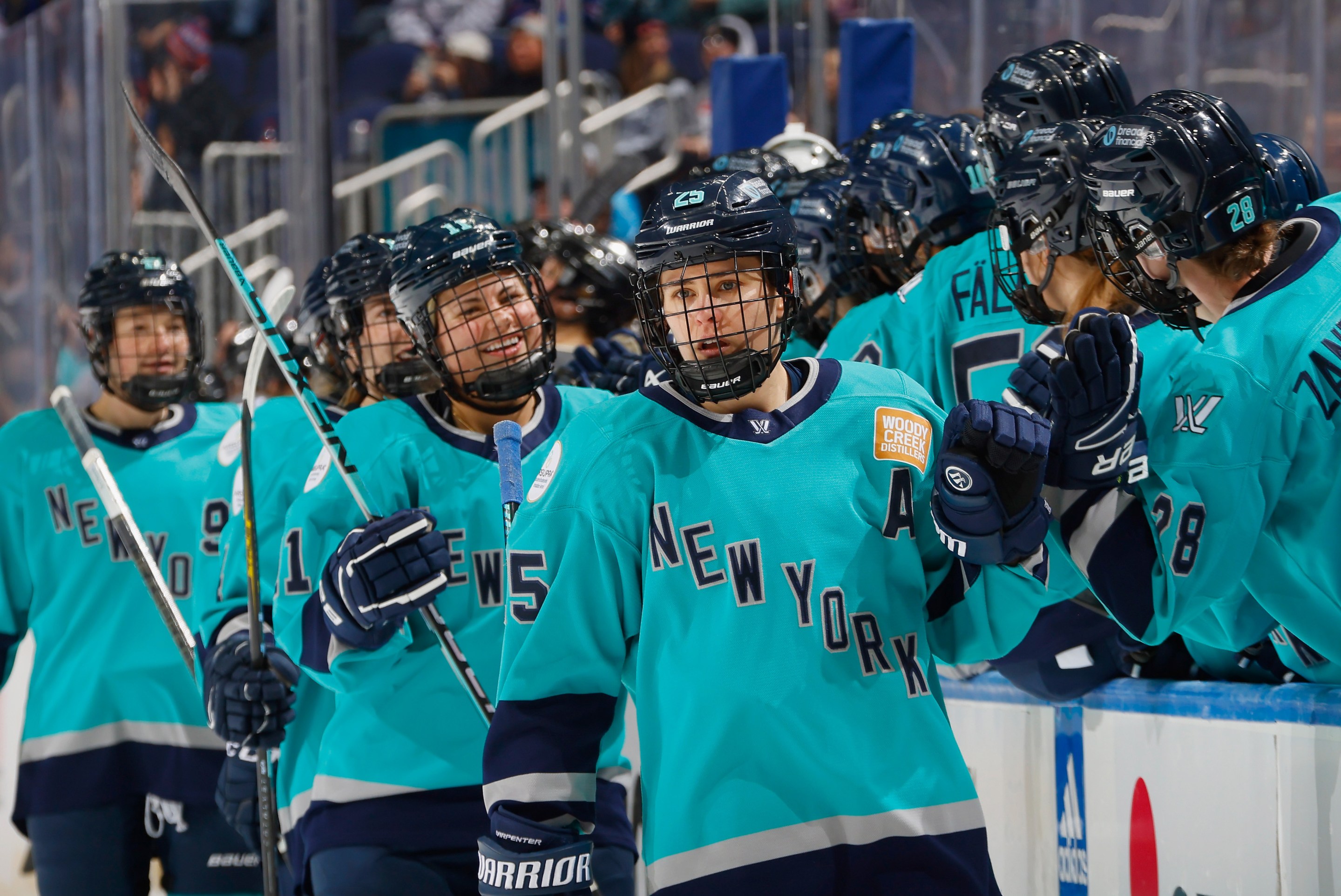 Alex Carpenter #25 of New York celebrate her first period goal against Montreal at UBS Arena on February 21, 2024 in Elmont, New York.