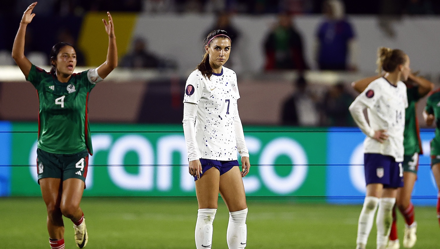 CARSON, CALIFORNIA - FEBRUARY 26: Alex Morgan #7 of United States reacts after a goal by Mexico in the second half during Group A - 2024 Concacaf W Gold Cup match at Dignity Health Sports Park on February 26, 2024 in Carson, California. (Photo by Ronald Martinez/Getty Images)