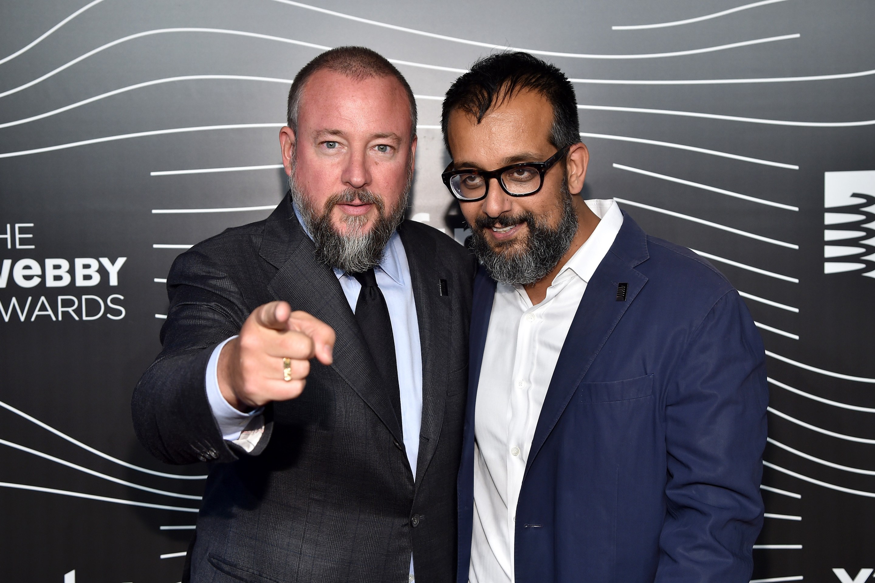 Vice co-founders and executives Shane Smith and Suroosh Alvi looking kind of wet at the 20th Webby Awards in 2016.