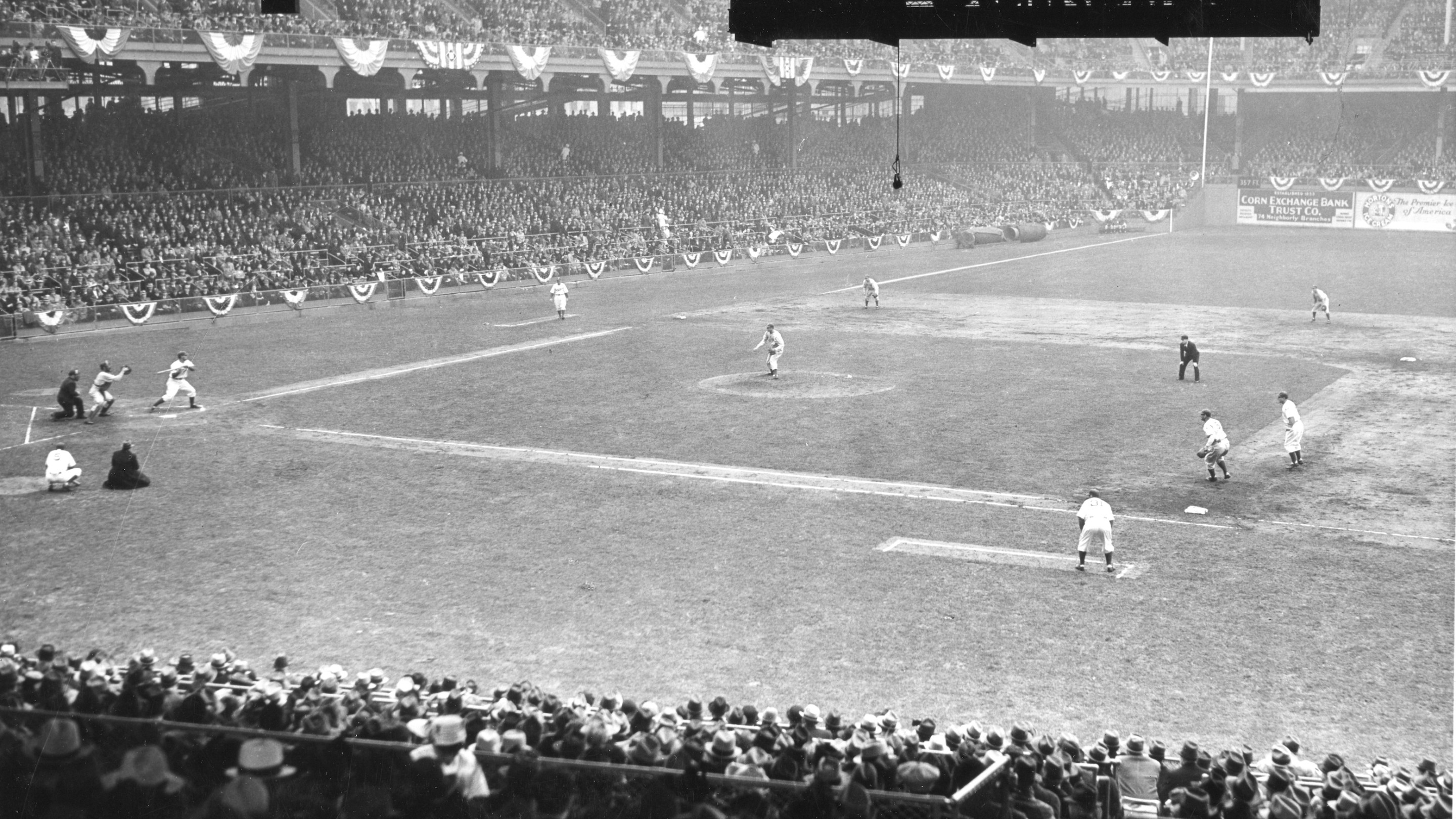 View from seats on the first-base side of Ebbets Field as the New York Giants and the Brooklyn Dodgers opened the 1939 baseball season, Brooklyn, New York, New York, 1939.