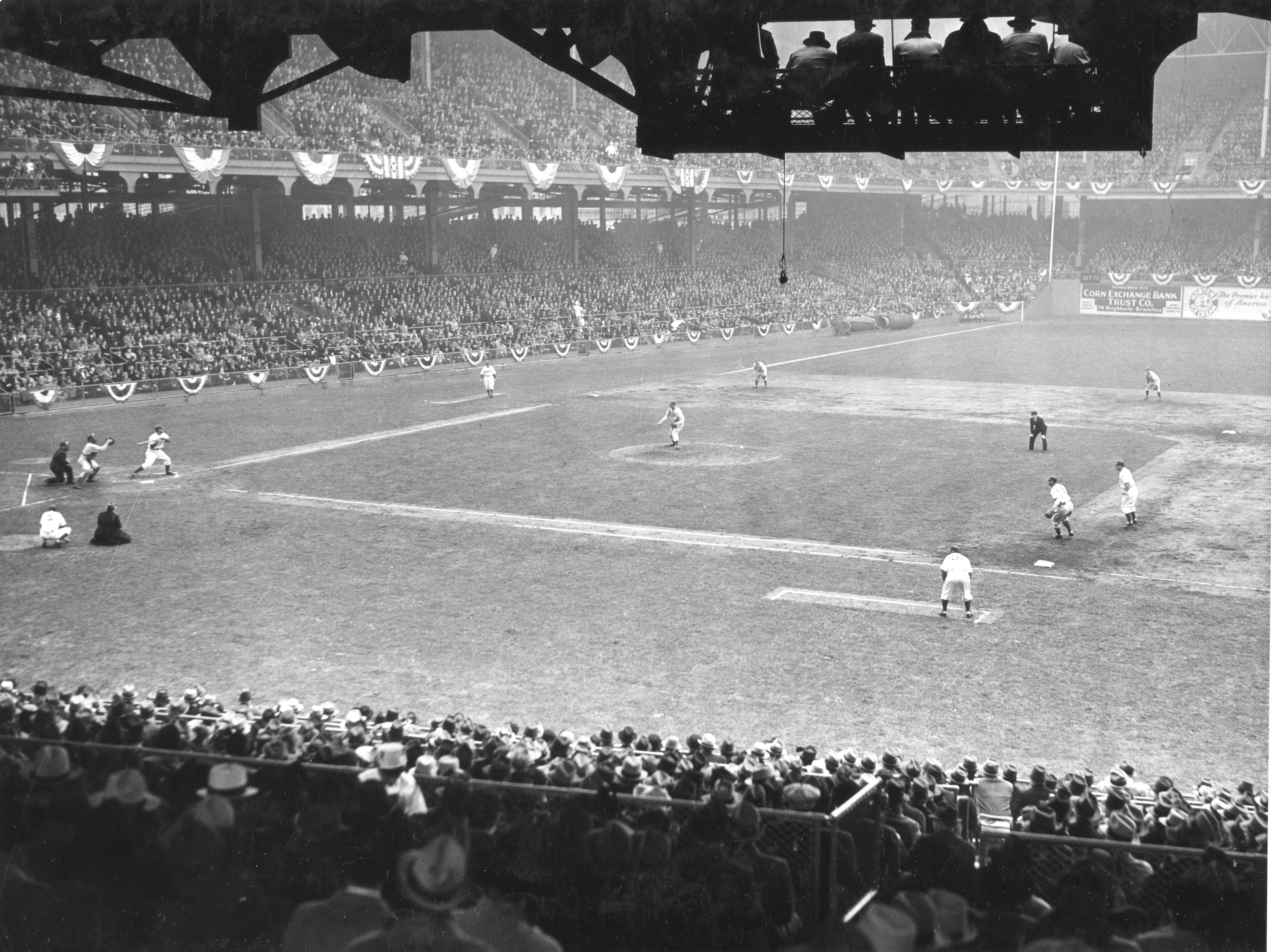View from seats on the first-base side of Ebbets Field as the New York Giants and the Brooklyn Dodgers opened the 1939 baseball season, Brooklyn, New York, New York, 1939.