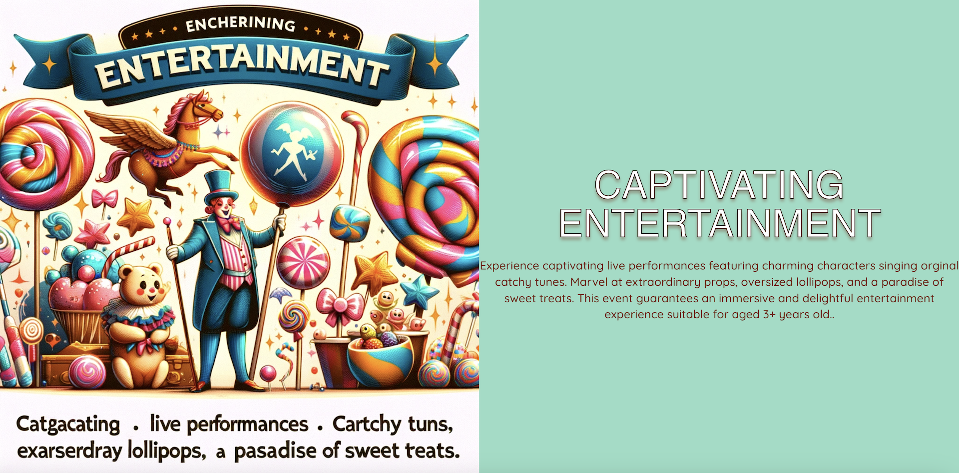 An AI-generated image from the Willy's Chocolate Experience website promising "Encherining Entertainment"