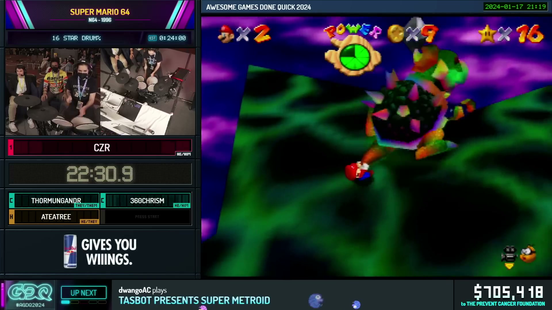 A screenshot of a guy playing Mario 64 on the drums