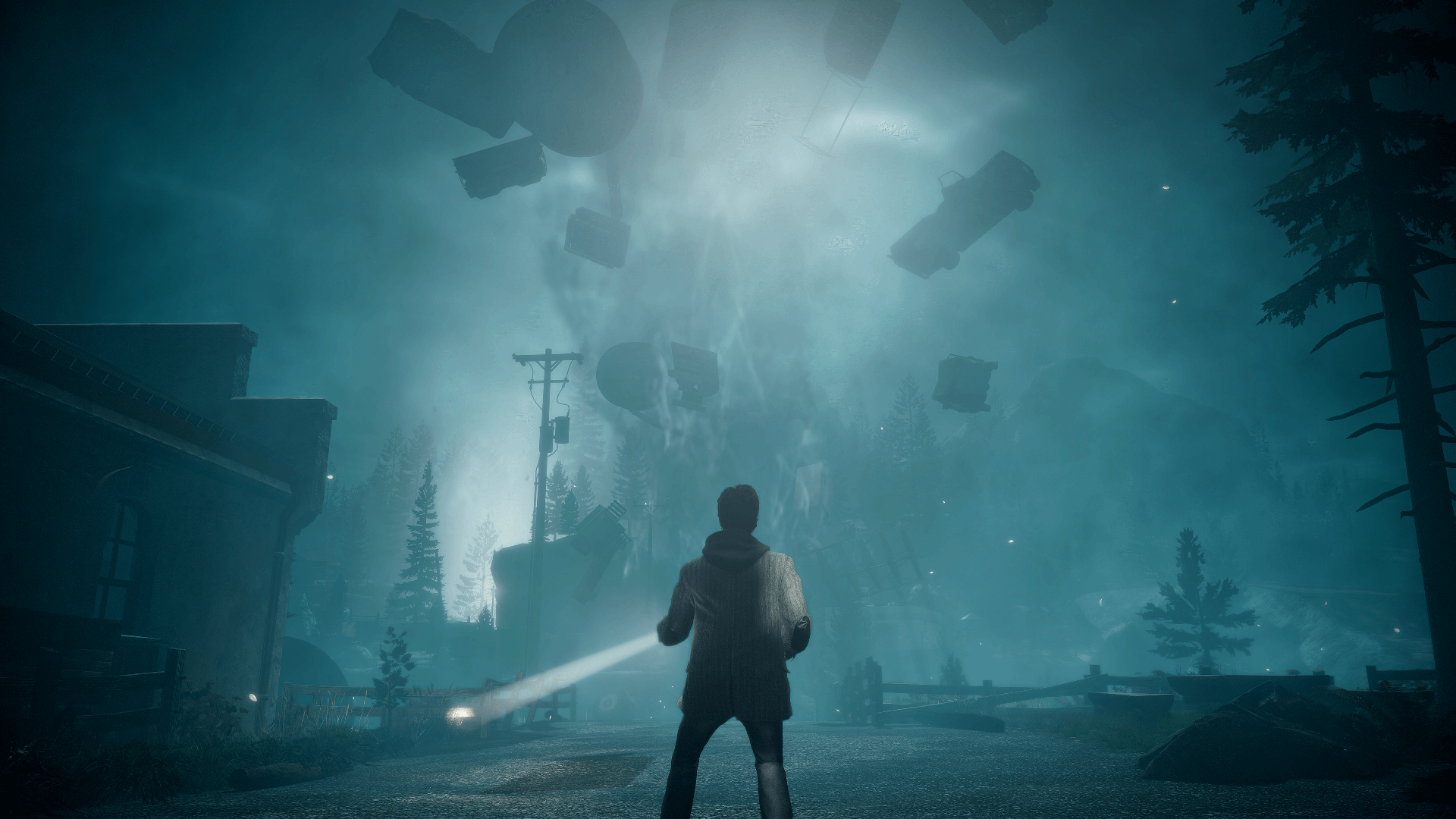 Alan Wake in front of some form of supernatural tornado