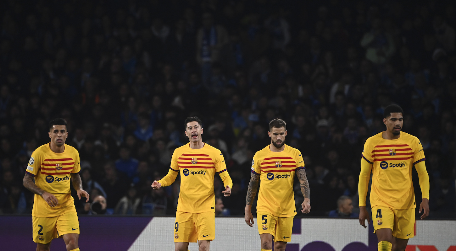 NAPLES, ITALY - FEBRUARY 21: Robert Lewandowski (2nd L) of FC Barcelona, celebrates with his teammates after scoring a goal during the UEFA Champions League round of 16 first leg football match between Napoli and FC Barcelona at the Diego Armando Maradona stadium in Naples, Italy, on February 21, 2024.