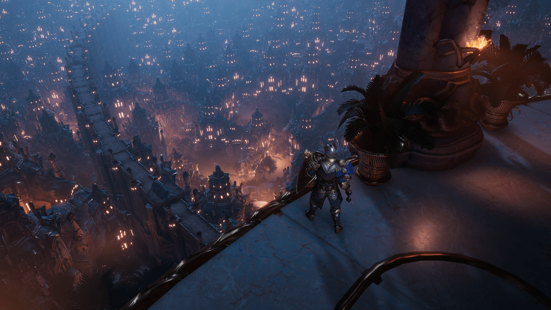 A screenshot of Last Epoch, showing a knight overlooking a light-up city