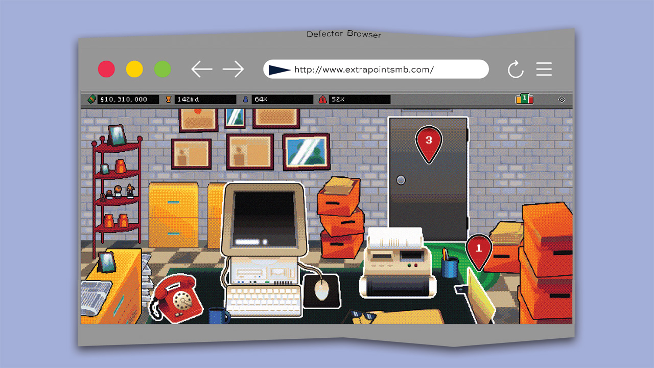A screenshot of the "defector browser", which is just a simple looking browser but with slanted top and bottom like the Defector logo, and it's on a pale blue background, and the webpage up is a pixel art of an office that's an Athletic Director's office