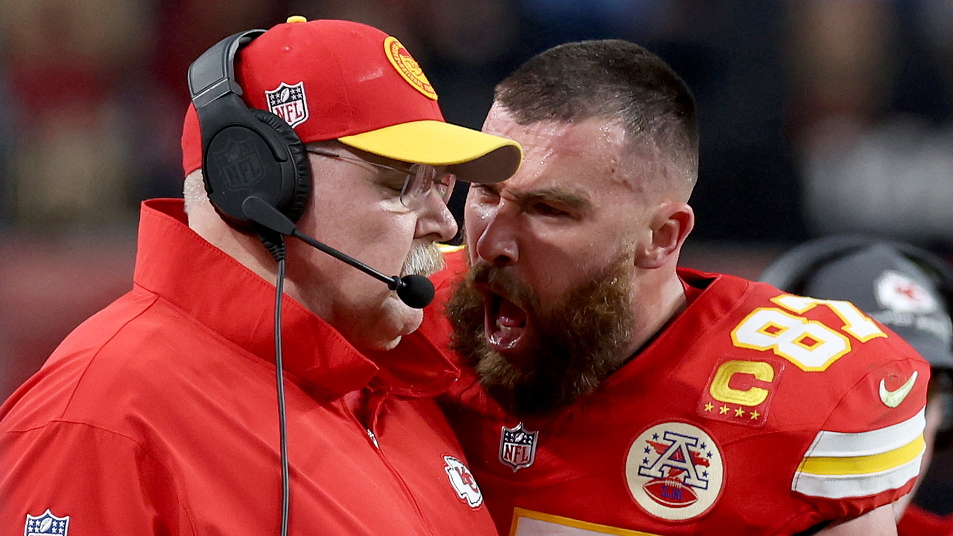 Travis Kelce #87 of the Kansas City Chiefs yells in the face of head coach Andy Reid in the first half against the San Francisco 49ers during Super Bowl LVIII at Allegiant Stadium on February 11, 2024 in Las Vegas, Nevada.