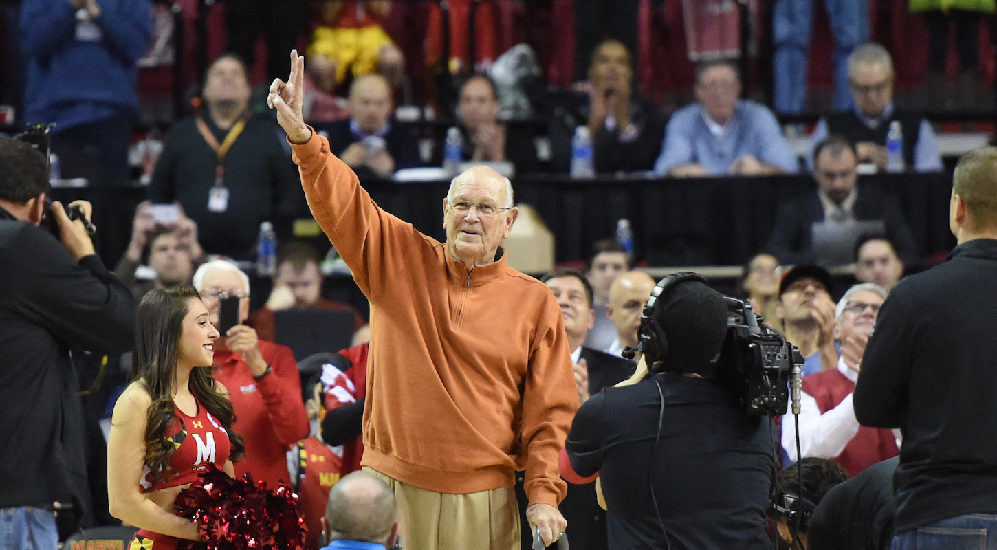 COLLEGE PARK, MD - FEBRUARY 6: Former Maryland head coach Lefty Driesell waves to the crowd during a timeout against Purdue on February 6, 2016 in College Park, MD.