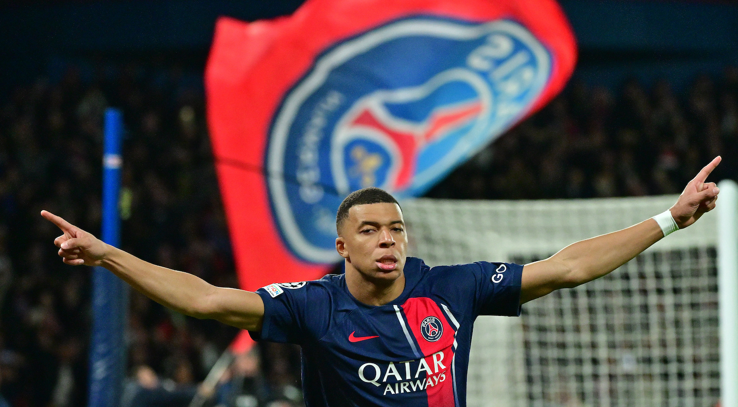 PARIS, FRANCE - FEBRUARY 14Kylian Mbappe of PSG celebrates after scoring his team's first goal during the UEFA Champions League 2023/24 round of 16 first leg match between Paris Saint-Germain and Real Sociedad at Parc des Princes on February 14, 2024 in Paris, France.