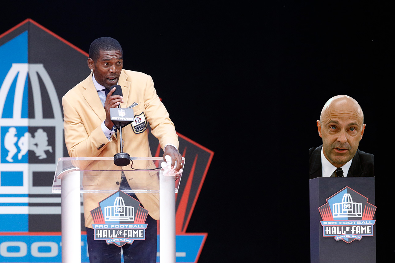 Randy Moss speaks at his NFL Hall of Fame induction; his bust has been replaced with the head of Randy Moss the journalist