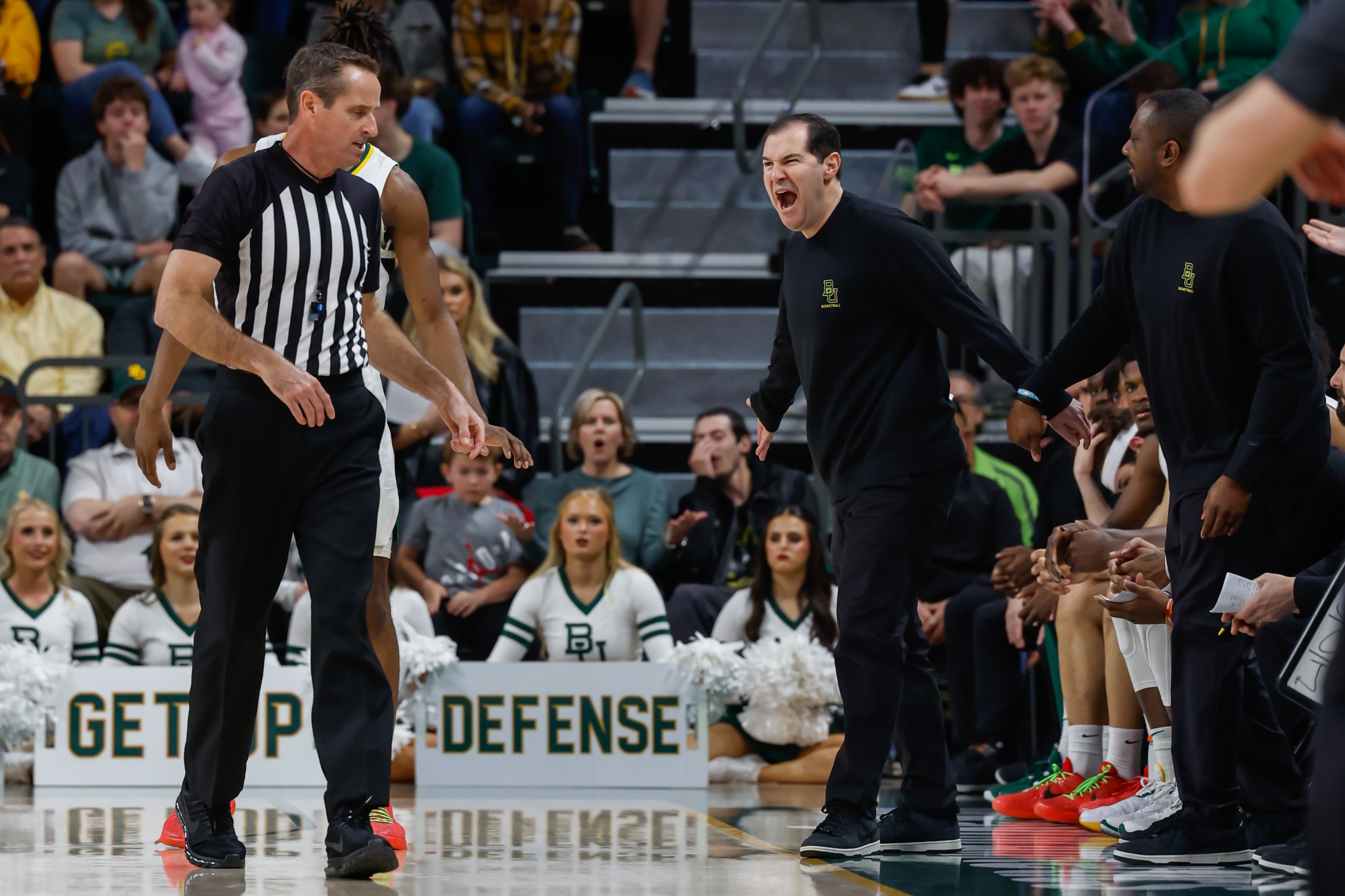Baylor Bears head coach Scott Drew yells after being called for a technical foul during the Big 12 college basketball game between Baylor Bears and Iowa State Cyclones on February 3, 2024, at Foster Pavilion in Waco, Texas.