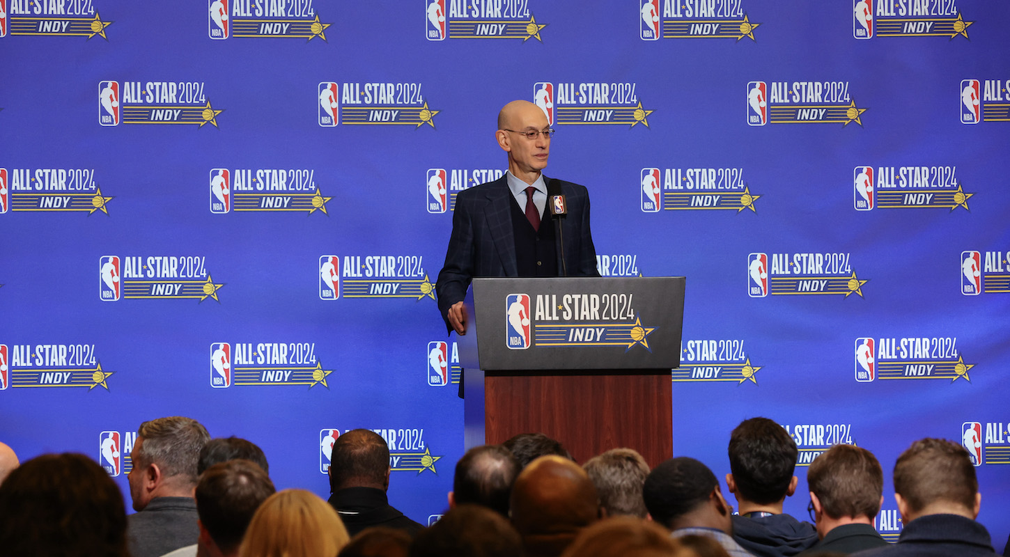 INDIANAPOLIS, INDIANA - FEBRUARY 17: NBA Commissioner Adam Silver speaks to the media at Lucas Oil Stadium on February 17, 2024 in Indianapolis, Indiana.