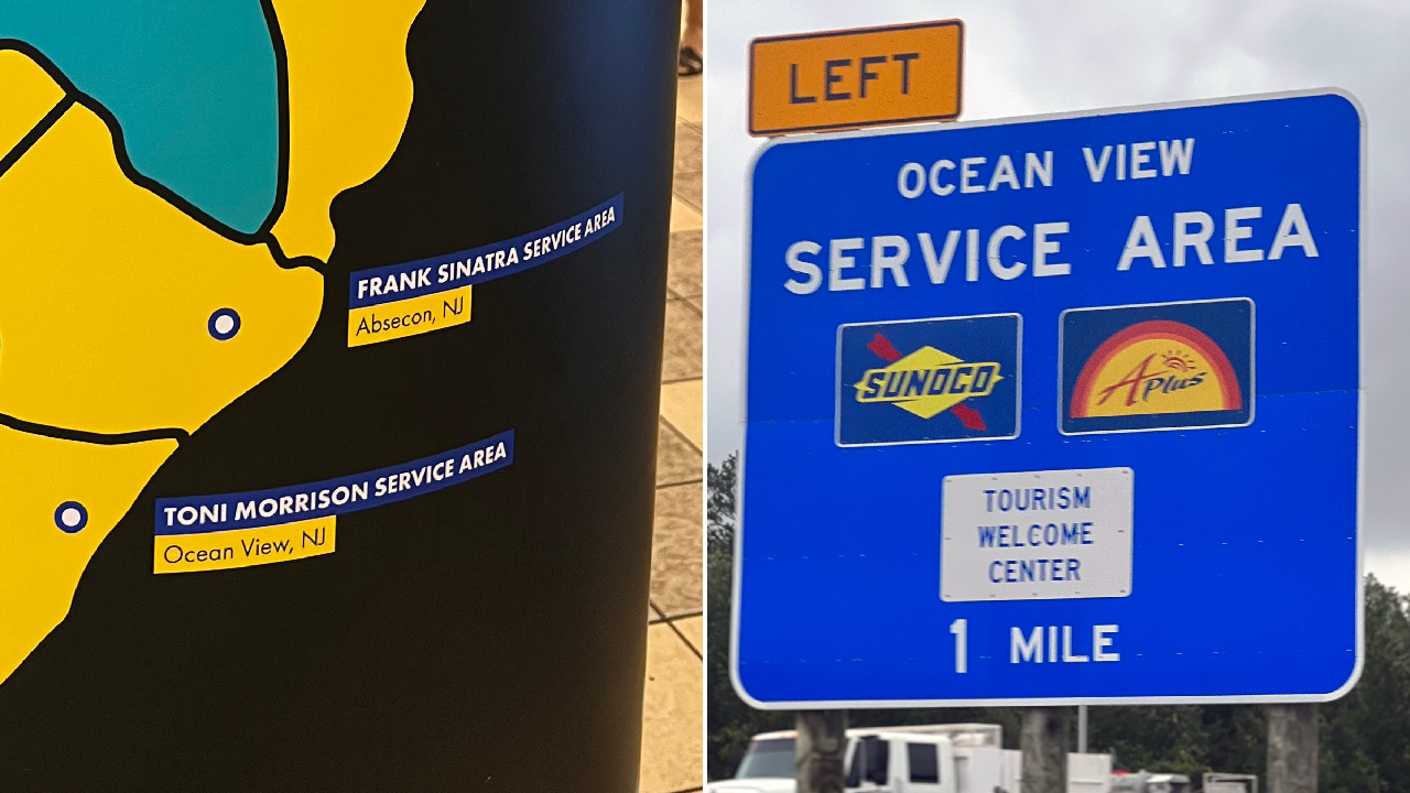 Split image. Left side: A map of New Jersey rest stops and Hall of Fame locations, showing the Frank Sinatra Service Area and the Toni Morrison Service Area. At right: The Ocean View Service Area, with a Sunoco and an A-Plus mini mart, and the Tourism Welcome Center.