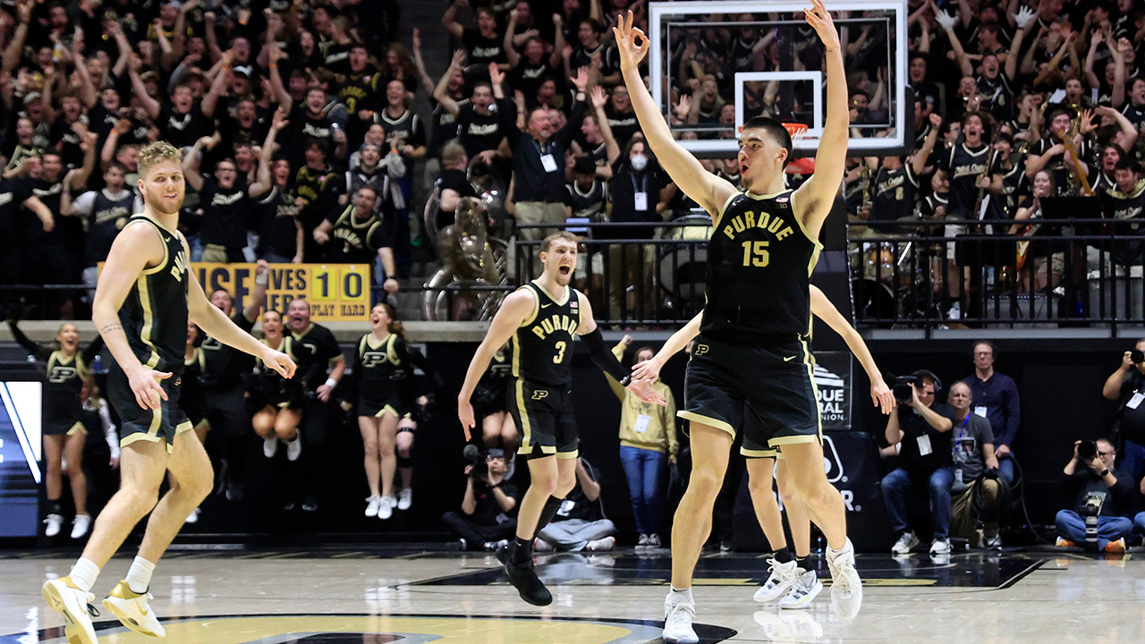 WEST LAFAYETTE, INDIANA - FEBRUARY 10: Zach Edey #15 of the Purdue Boilermakers reacts after making a three pointer during the second half in the game against the Indiana Hoosiers at Mackey Arena on February 10, 2024 in West Lafayette, Indiana.
