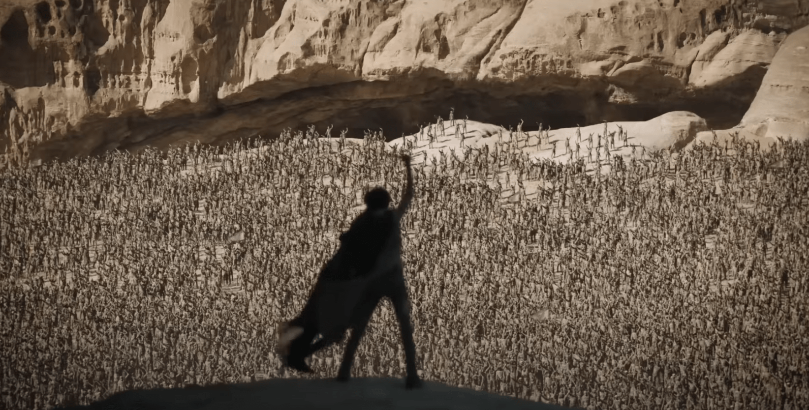 Timothee Chalamet's Paul Atreides addressing the Fremen in Dune: Part Two.