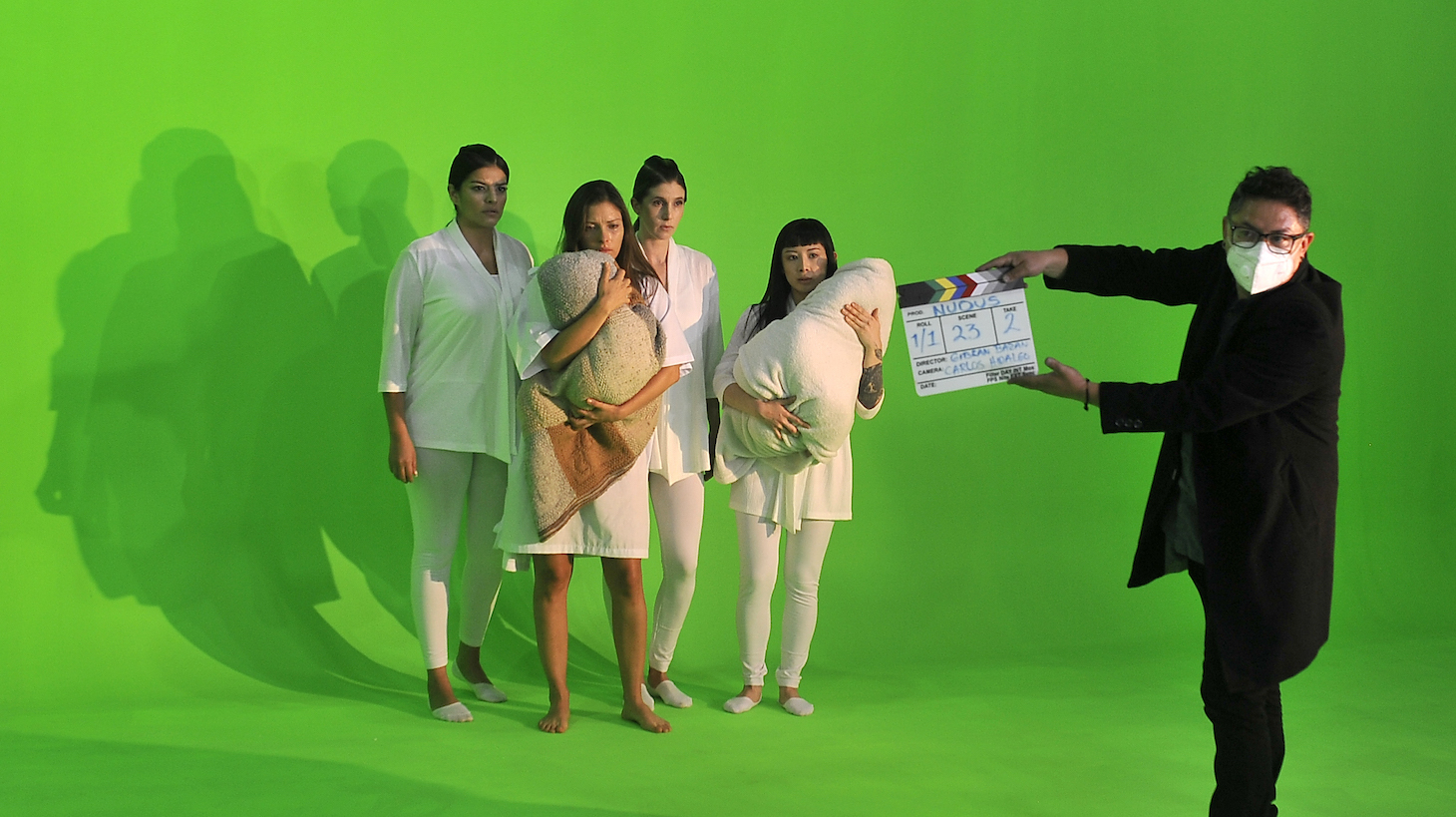 Actress, Vita Vargas, Carla Hernández, Sayaka Yokoyama, Myriam Behar in Claquetazo Braulio Lopez Producer of a Scene from the filming of the film (Nudus) by director Gibran Bazan on October 26, 2020 in Mexico City, Mexico.