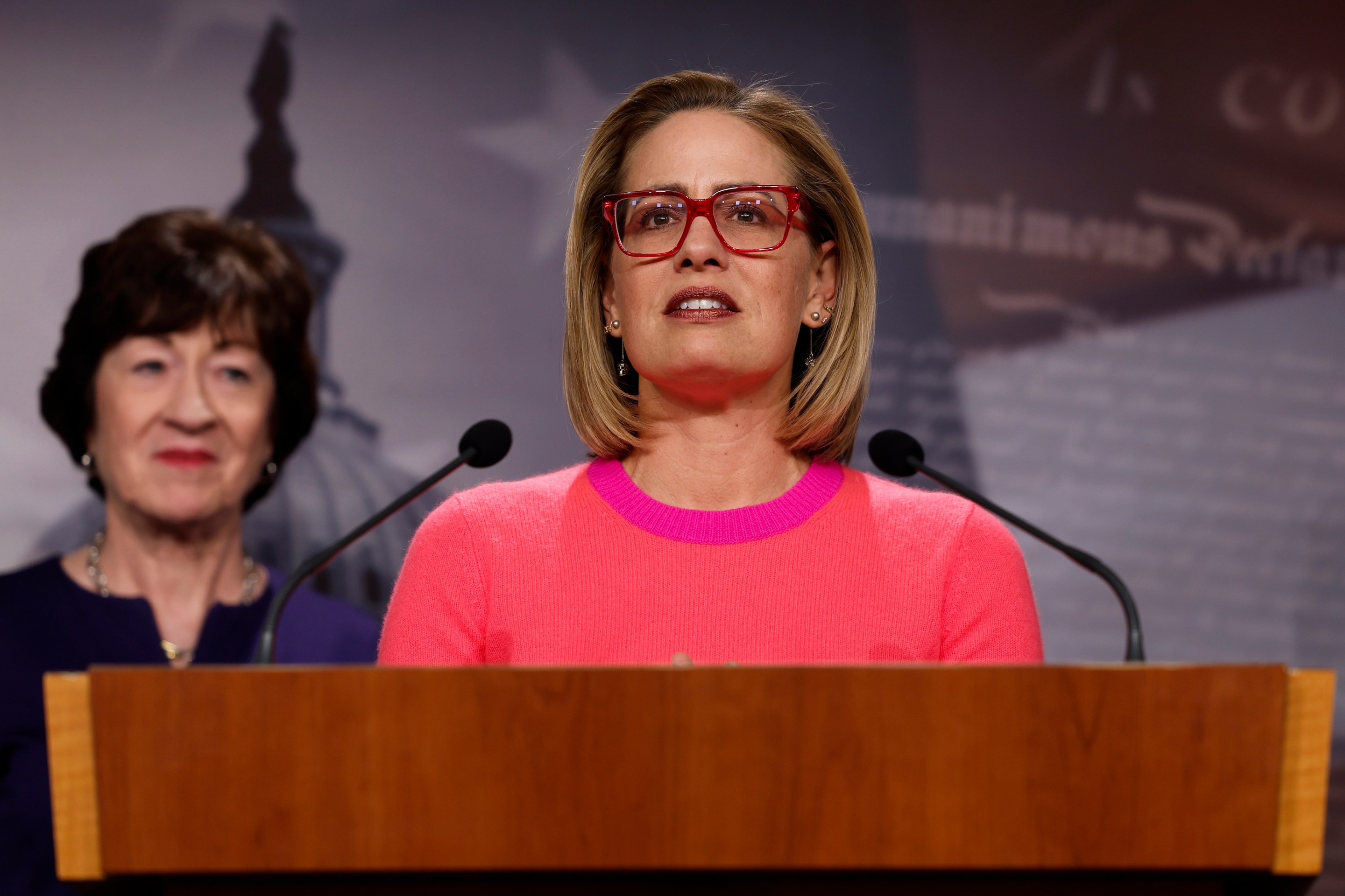 Sen. Kyrtsen Sinema (D-AZ) speaks at a news conference after the Senate passed the Respect for Marriage Act at the Capitol Building on November 29, 2022.