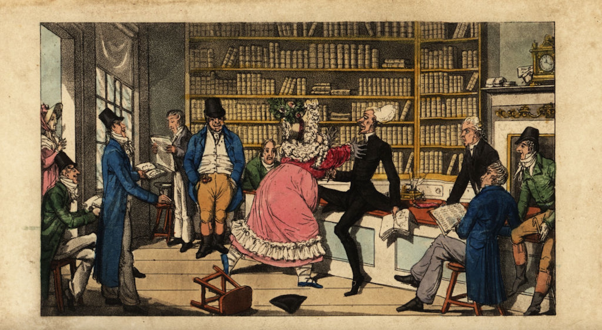 Englishmen in Paris gathered in Galignani’s library, 1820. English gentlemen read books, newspapers and periodicals. Doctor Syntax discovered by his wife in a bookshop. Handcoloured copperplate drawn and engraved by Charles Williams from Doctor Syntax in Paris; or a Tour in Search of the Grotesque, W. Wright, London, 1820.