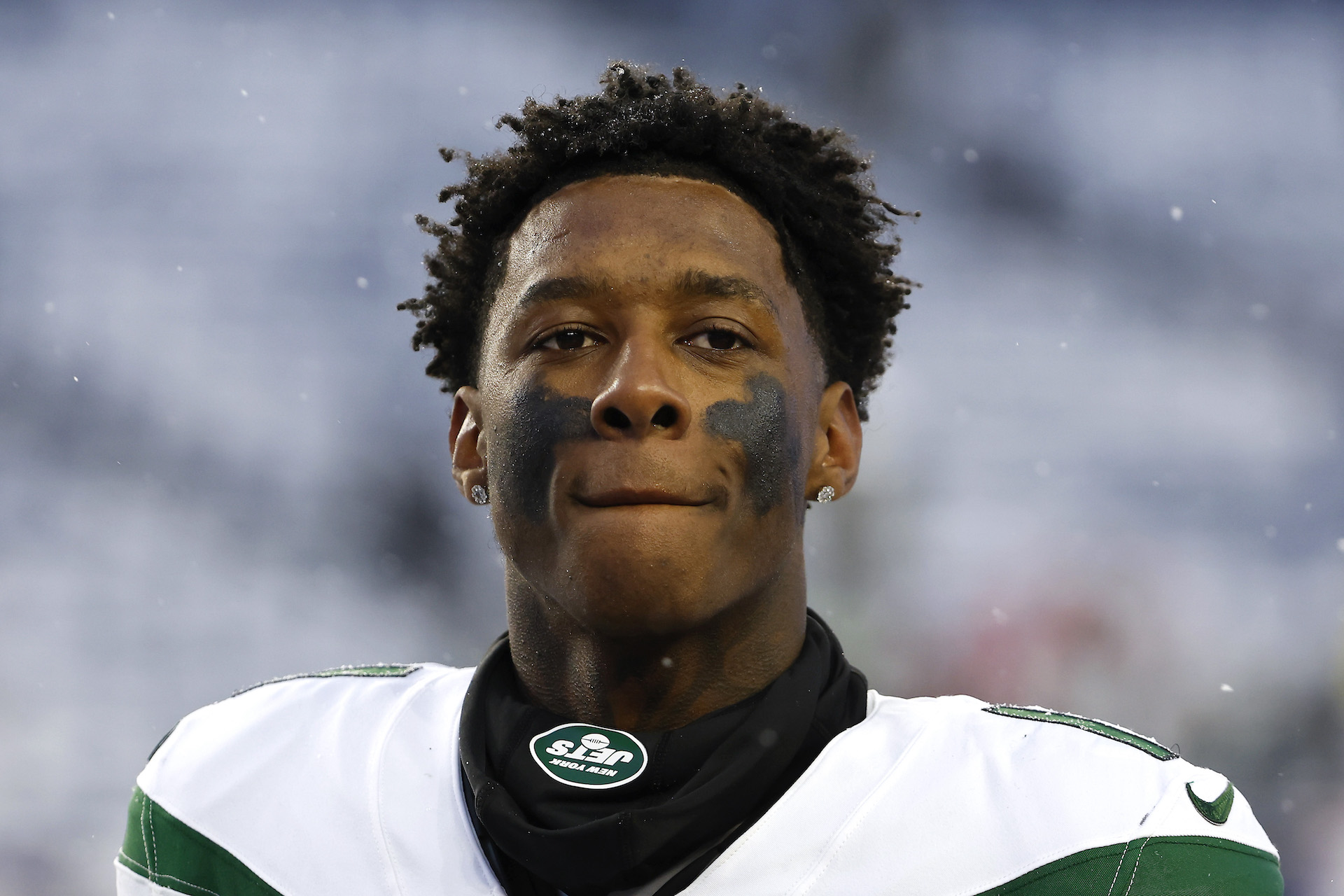 FOXBOROUGH, MA - JANUARY 7: Sauce Gardner #1 of the New York Jets on the field against the New England Patriots at Gillette Stadium on January 7, 2024 in Foxborough, Massachusetts.(Photo By Winslow Townson/Getty Images)