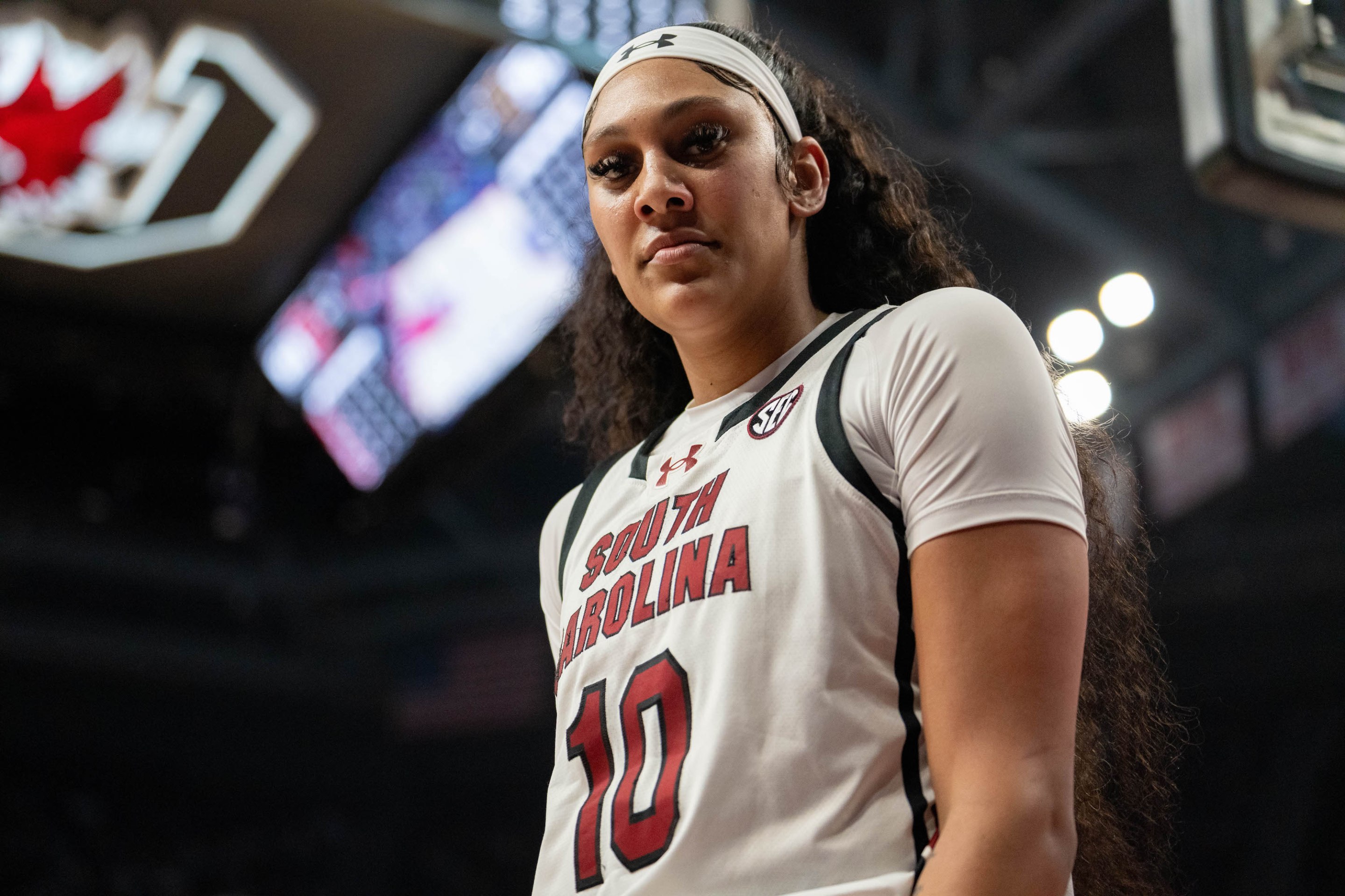 Kamilla Cardoso #10 of the South Carolina Gamecocks looks on during the game against the Vanderbilt Commodores at Colonial Life Arena on January 28, 2024 in Columbia, South Carolina.