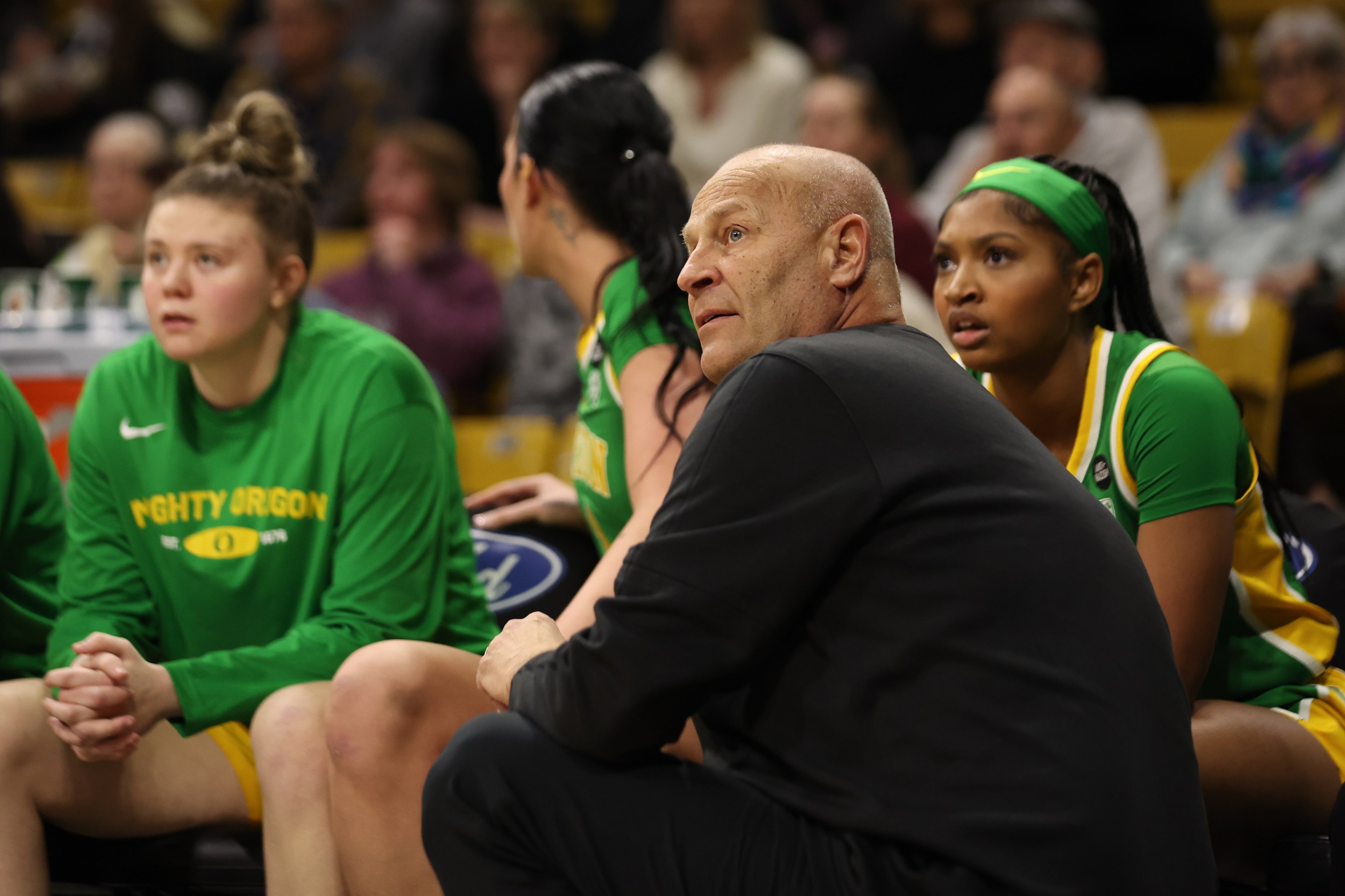 Head coach Kelly Graves of the Oregon Ducks coaches his team in the first half against the Colorado Buffaloes at the CU Events Center on February 9, 2024 in Boulder, Colorado.