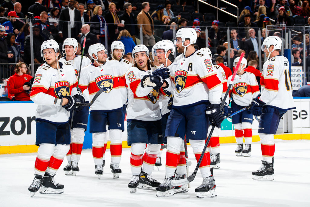 The Florida Panthers celebrate after defeating the New York Rangers