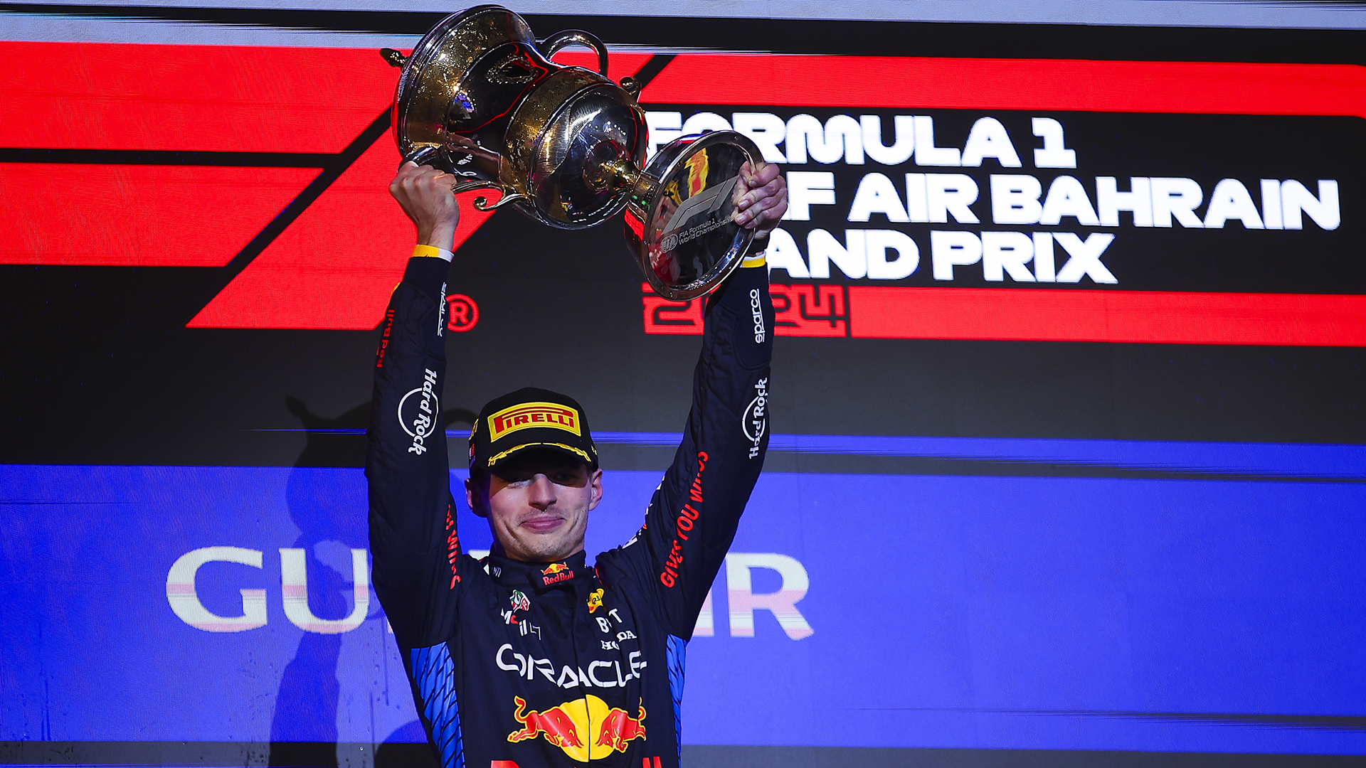 Max Verstappen of Netherland and Oracle Red Bull Racing lift the winner trophy of the F1 Grand Prix of Bahrain at Bahrain International Circuit on March 02, 2024 in Bahrain, Bahrain.