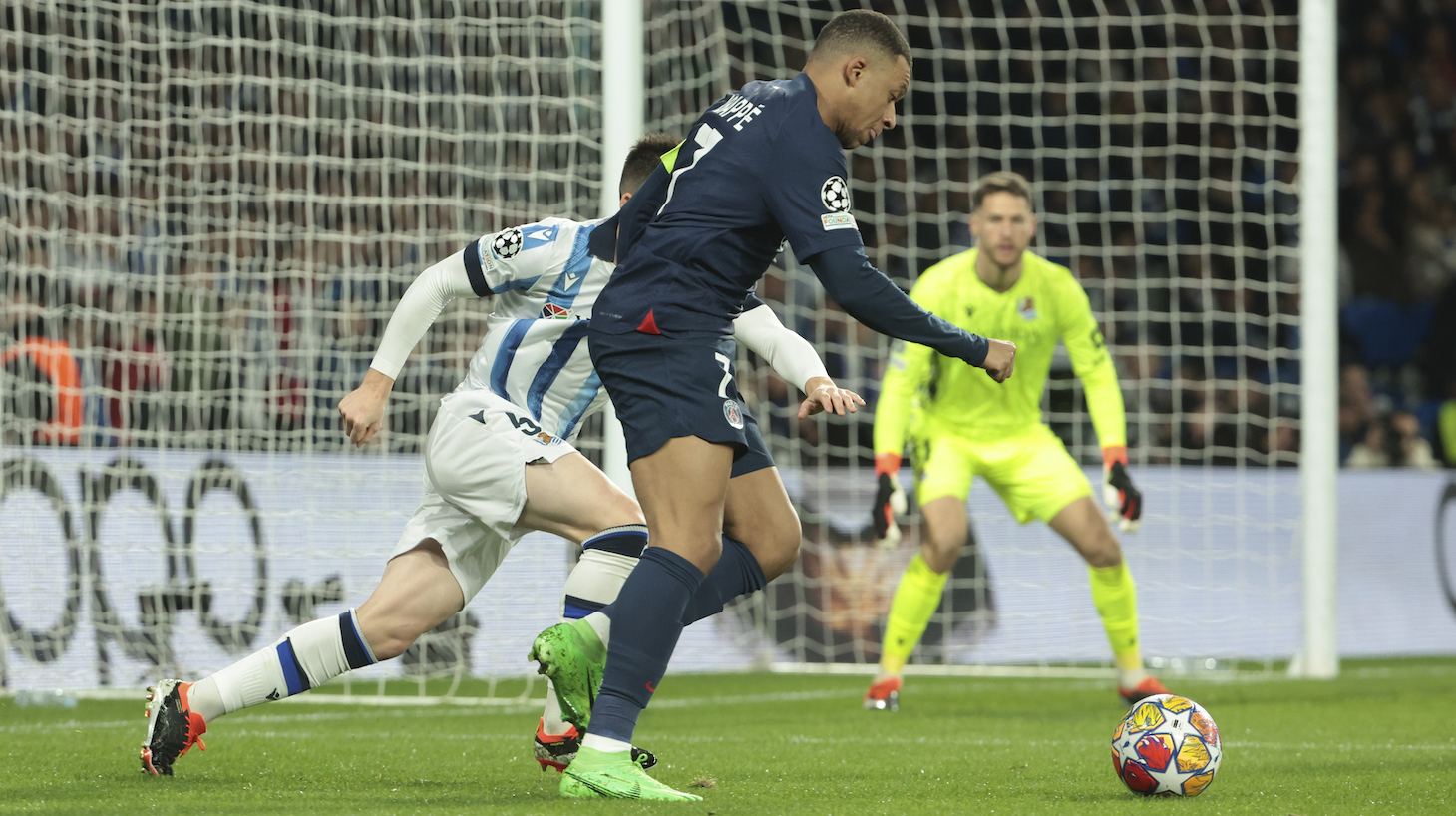 Kylian Mbappe of PSG in action during the UEFA Champions League 2023/24 round of 16 second leg match between Real Sociedad and Paris Saint-Germain at Reale Arena, Estadio de Anoeta on March 5, 2024 in San Sebastian, Spain.