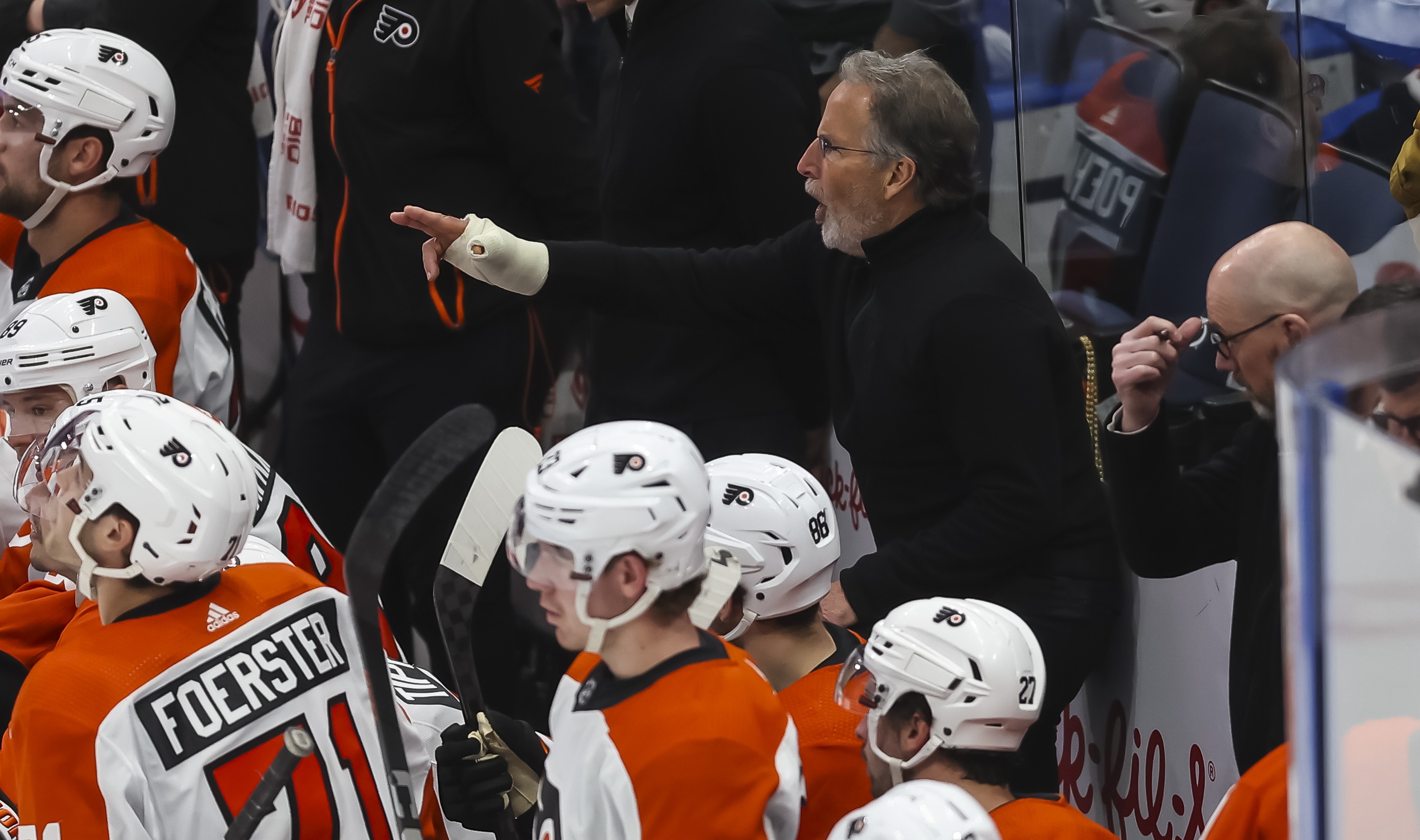TAMPA, FL - MARCH 9: Head coach John Tortorella of the Philadelphia Flyers reacts to being ejected during the first period against the Tampa Bay Lightning at Amalie Arena on March 9, 2024 in Tampa, Florida. (Photo by Mike Carlson/NHLI via Getty Images)