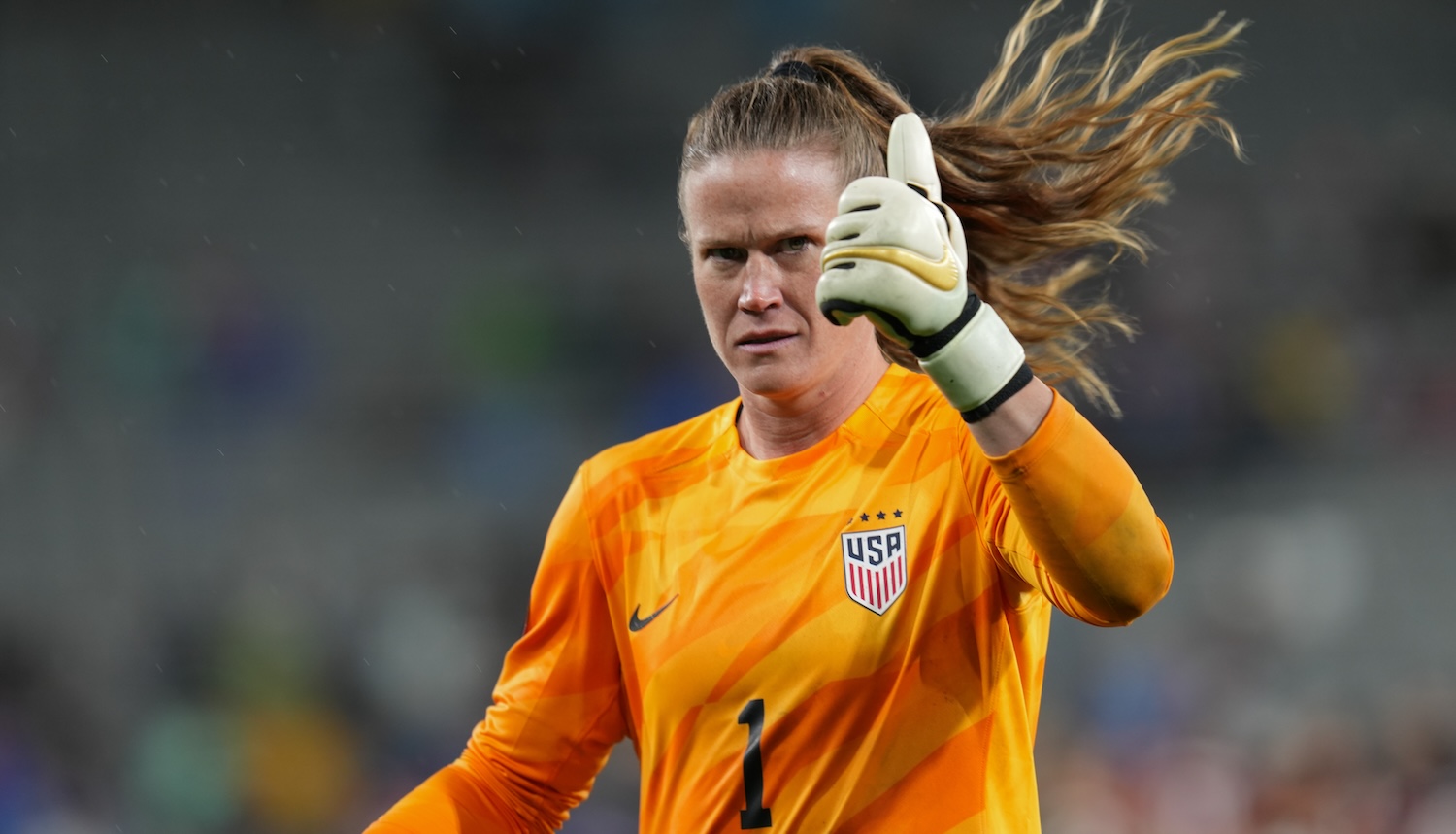 SAN DIEGO, CALIFORNIA - MARCH 06: Alyssa Naeher #1 of the United States celebrates after defeating Canada during the 2024 Concacaf W Gold Cup semifinals at Snapdragon Stadium on March 06, 2024 in San Diego, California. (Photo by Ben Nichols/ISI Photos/USSF/Getty Images for USSF)