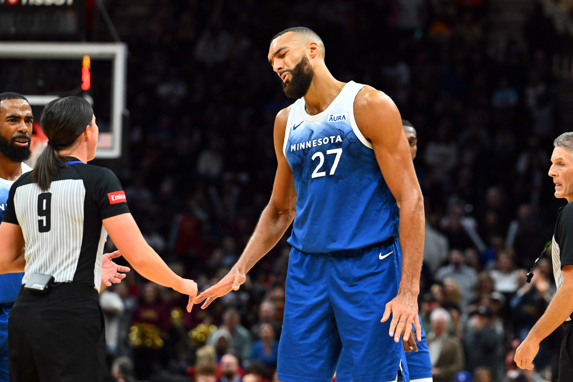 Minnesota Timberwolves player Rudy Gobert reacts to a ref giving him a technical foul during a game against the Cleveland Cavaliers on March 8.