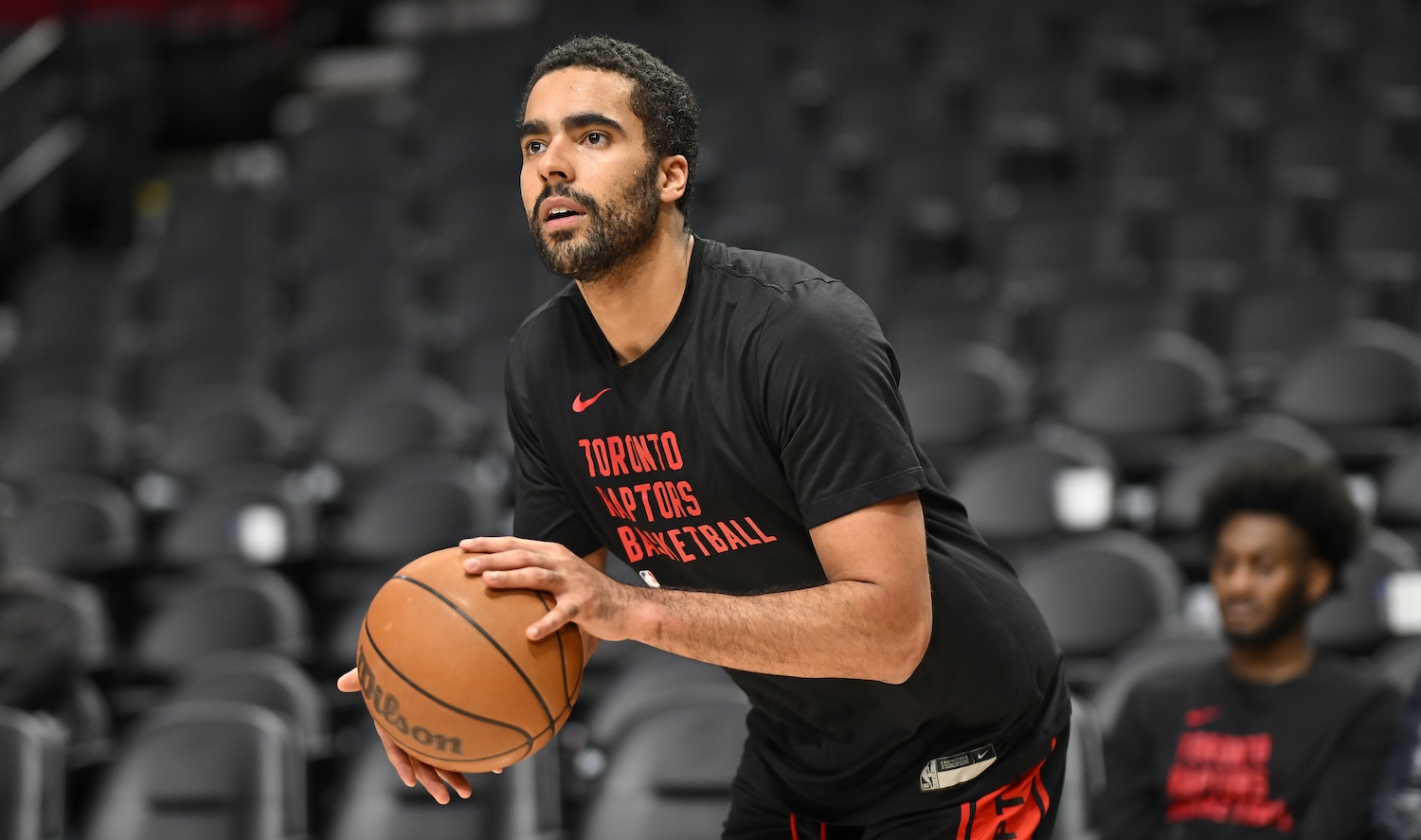 PORTLAND, OREGON - MARCH 09: Jontay Porter #34 of the Toronto Raptors warms up before the game against the Portland Trail Blazers at the Moda Center on March 09, 2024 in Portland, Oregon. NOTE TO USER: User expressly acknowledges and agrees that, by downloading and or using this photograph, User is consenting to the terms and conditions of the Getty Images License Agreement. (Photo by Alika Jenner/Getty Images)
