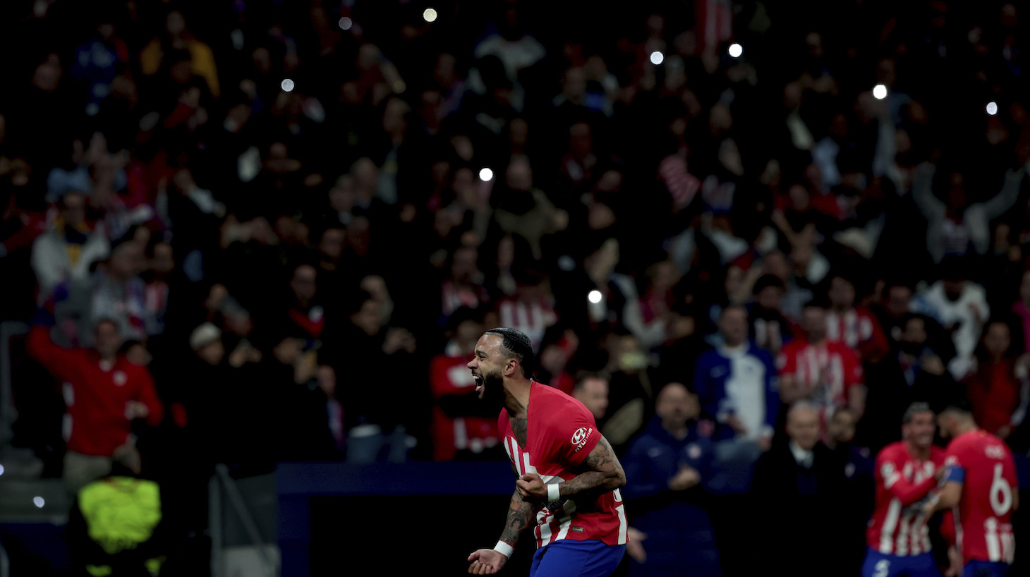 Atletico de Madrid player Memphis Depay celebrates his goal.. Atletico de Madrid beats Internazionale Milan in round of 16 of Champions League matchday 2 of 2 and moves on to next phase.