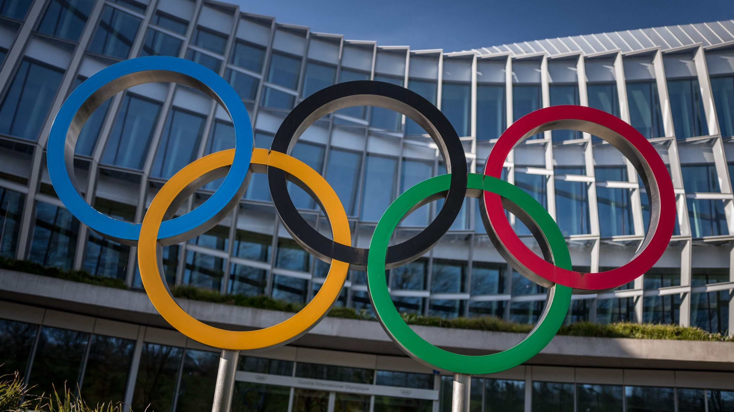 The Olympic rings are seen outside the headquarters of the International Olympic Committee (IOC) at the opening day of a executive board meeting in Lausanne on March 19, 2024.