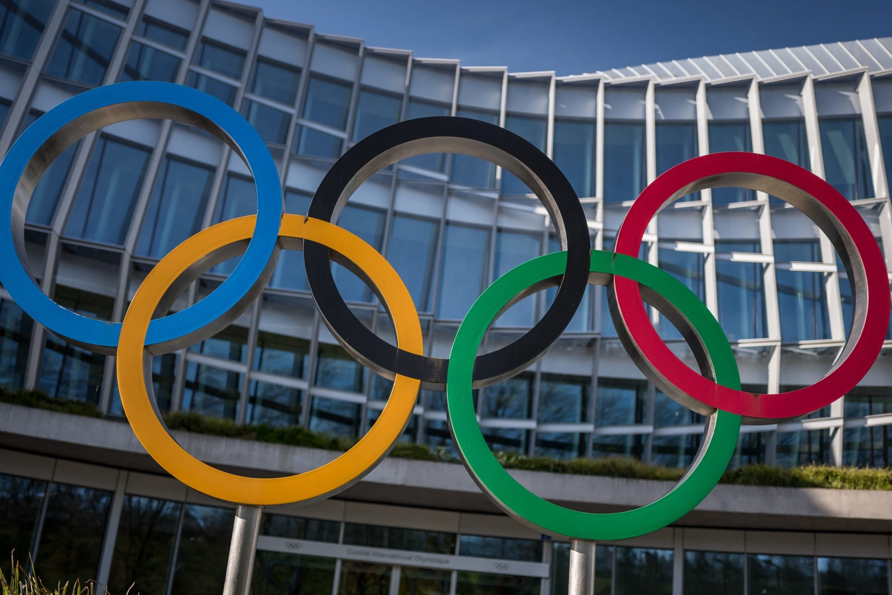 The Olympic rings are seen outside the headquarters of the International Olympic Committee (IOC) at the opening day of a executive board meeting in Lausanne on March 19, 2024.