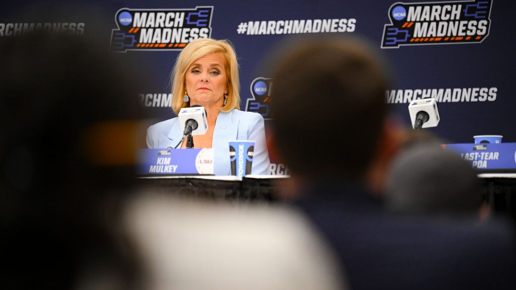 Head Coach Kim Mulkey of the LSU Tigers answers a question at the press conference during the first round of the 2024 NCAA Women's Basketball Tournament held at Pete Maravich Assembly Center on March 22, 2024 in Baton Rouge, Louisiana.