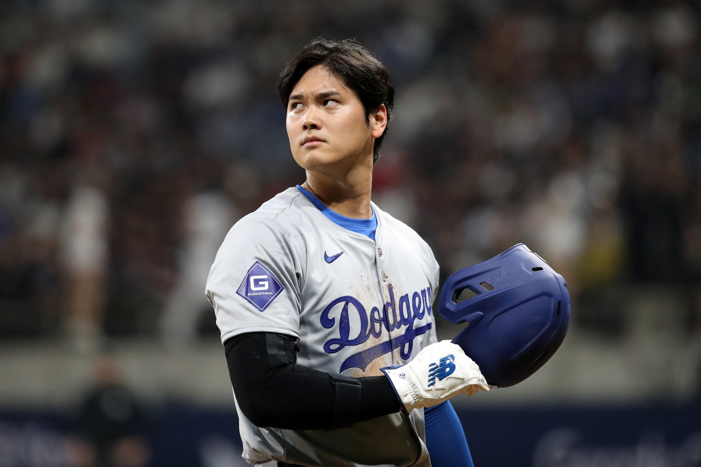 SEOUL, SOUTH KOREA - MARCH 20: Shohei Ohtani #17 of the Los Angeles Dodgers reacts after the 3rd inning during the 2024 Seoul Series game between Los Angeles Dodgers and San Diego Padres at Gocheok Sky Dome on March 20, 2024 in Seoul, South Korea. (Photo by Chung Sung-Jun/Getty Images)