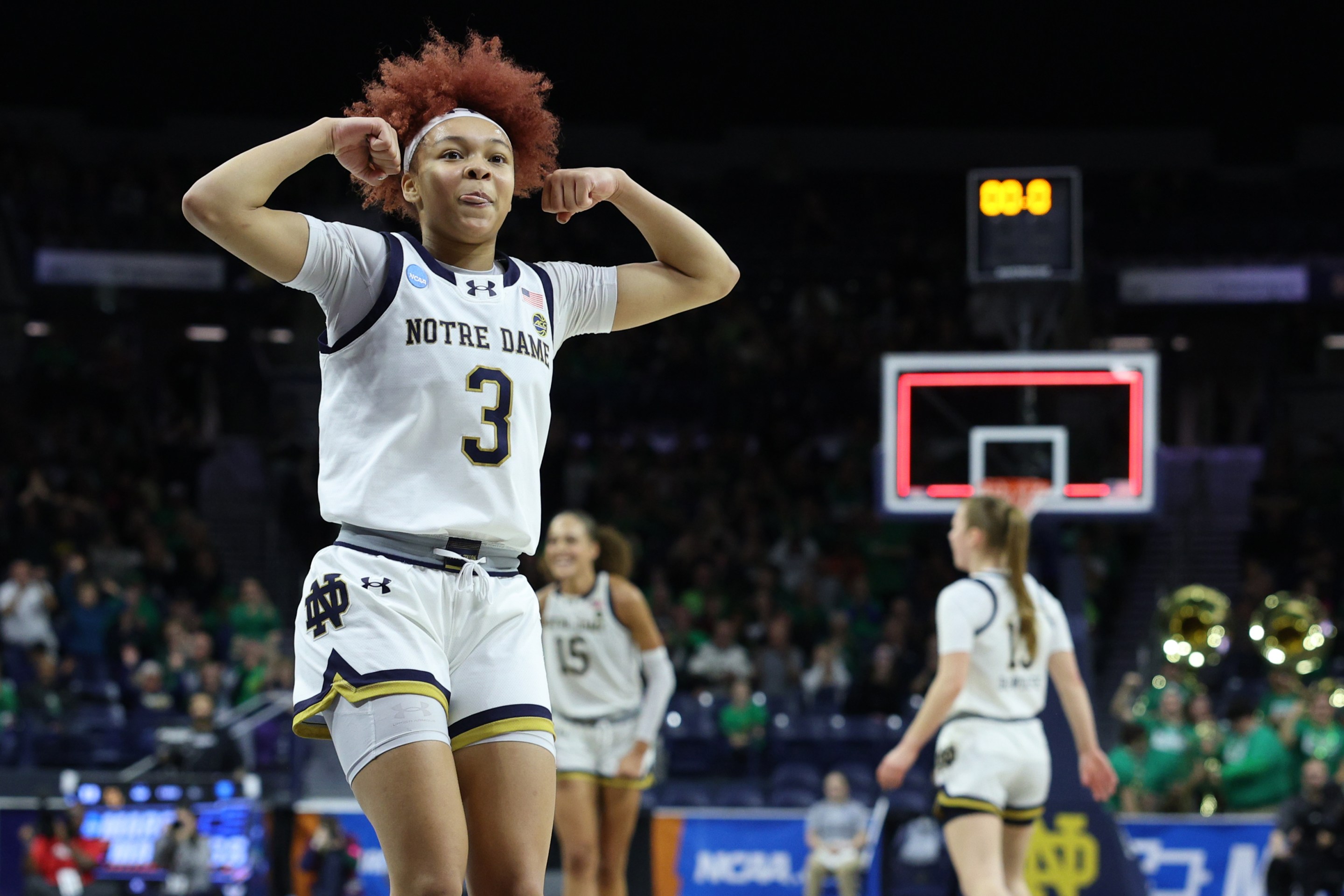 Hannah Hidalgo #3 of the Notre Dame Fighting Irish celebrates at the half with a 17 point lead over the Ole Miss Rebels during the second round of the 2024 NCAA Women's Basketball Tournament held at Purcell Pavilion on March 25, 2024 in South Bend, Indiana.