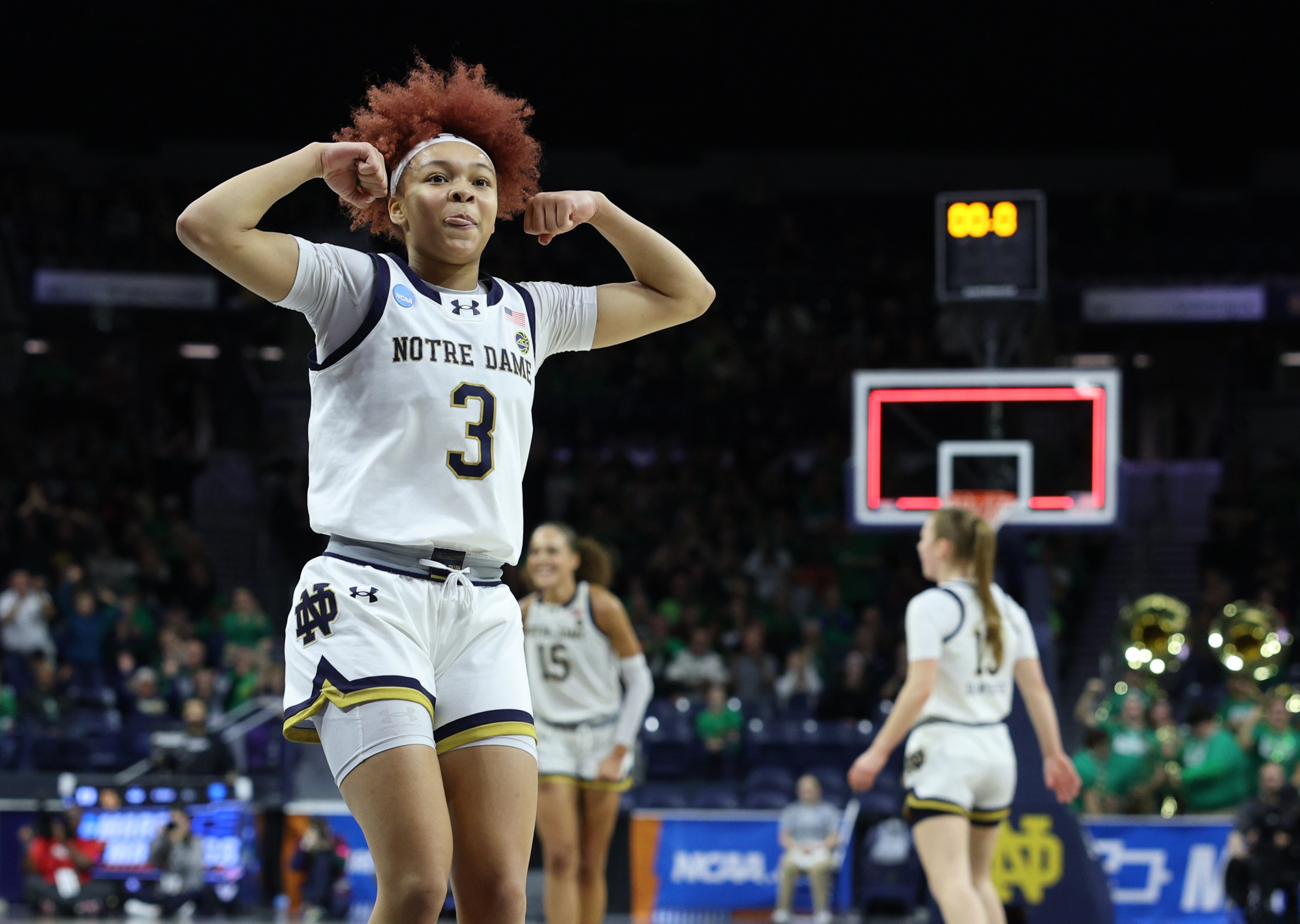Hannah Hidalgo #3 of the Notre Dame Fighting Irish celebrates at the half with a 17 point lead over the Ole Miss Rebels during the second round of the 2024 NCAA Women's Basketball Tournament held at Purcell Pavilion on March 25, 2024 in South Bend, Indiana.