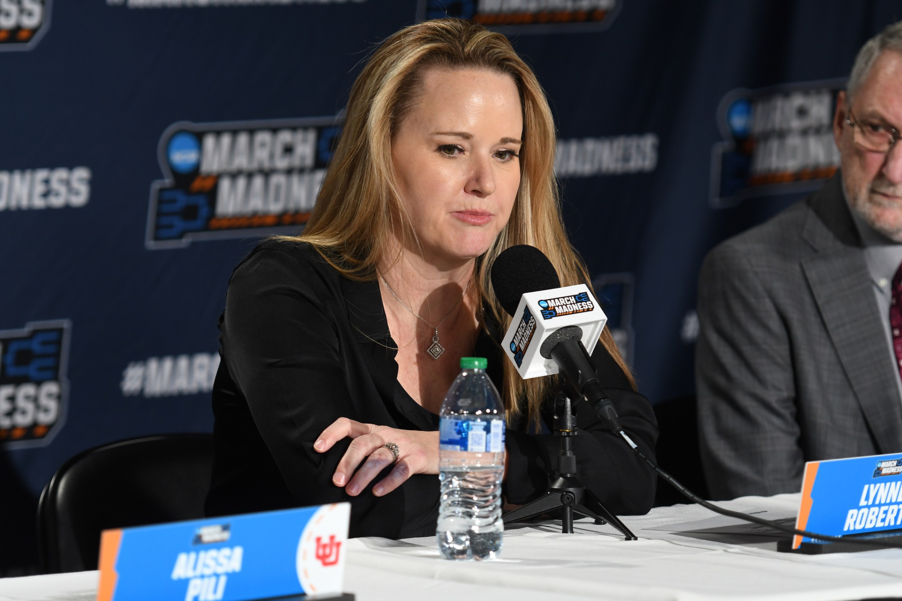 Head coach Lynne Roberts of the Utah Utes speaks to the media following a loss against the Gonzaga Bulldogs during the second round of the 2024 NCAA Women's Basketball Tournament held at McCarthey Athletic Center on March 25, 2024 in Spokane, Washington.