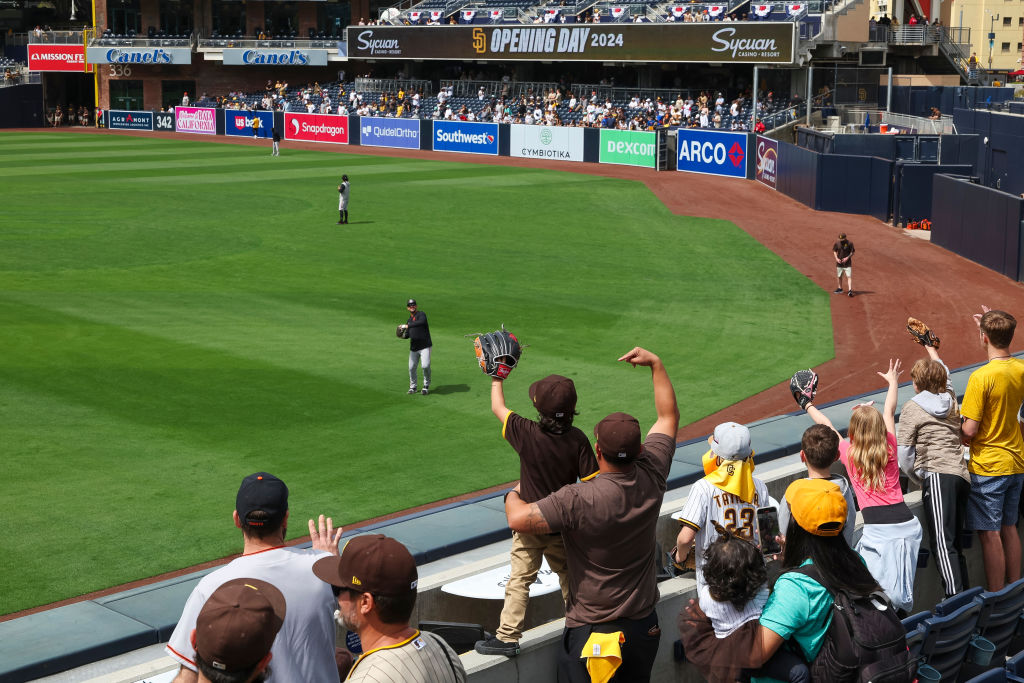 General view of fans watching batting practice prior to an Opening Day game between the San Diego Padres and the San Francisco Giants at PETCO Park on March 28, 2024 in San Diego, California.