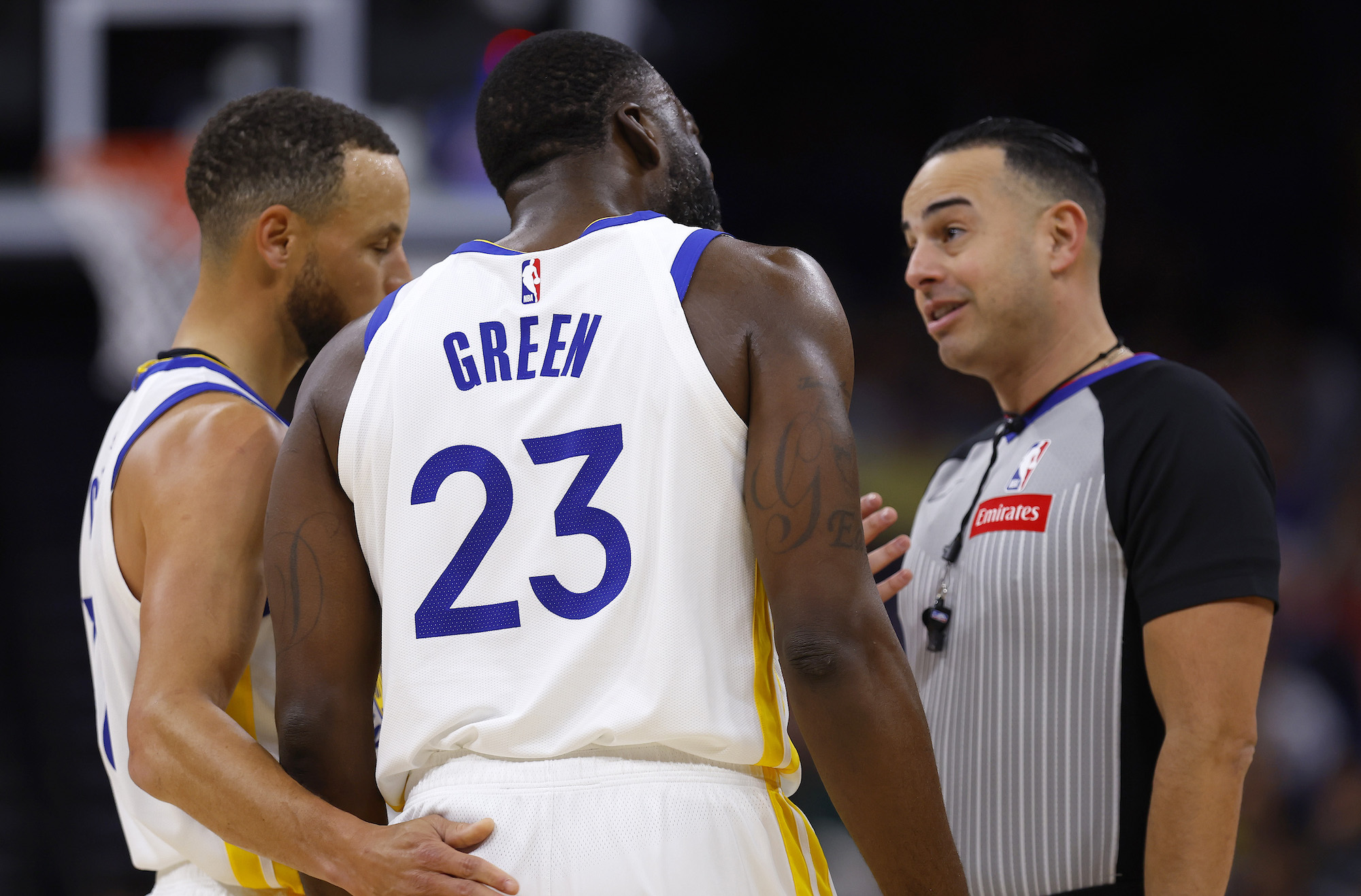 Draymond Green #23 of the Golden State Warriors argues with a referee before being ejected during a game against the Orlando Magic at Kia Center on March 27, 2024 in Orlando, Florida. NOTE TO USER: User expressly acknowledges and agrees that, by downloading and or using this photograph, User is consenting to the terms and conditions of the Getty Images License Agreement. (Photo by Mike Ehrmann/Getty Images)
