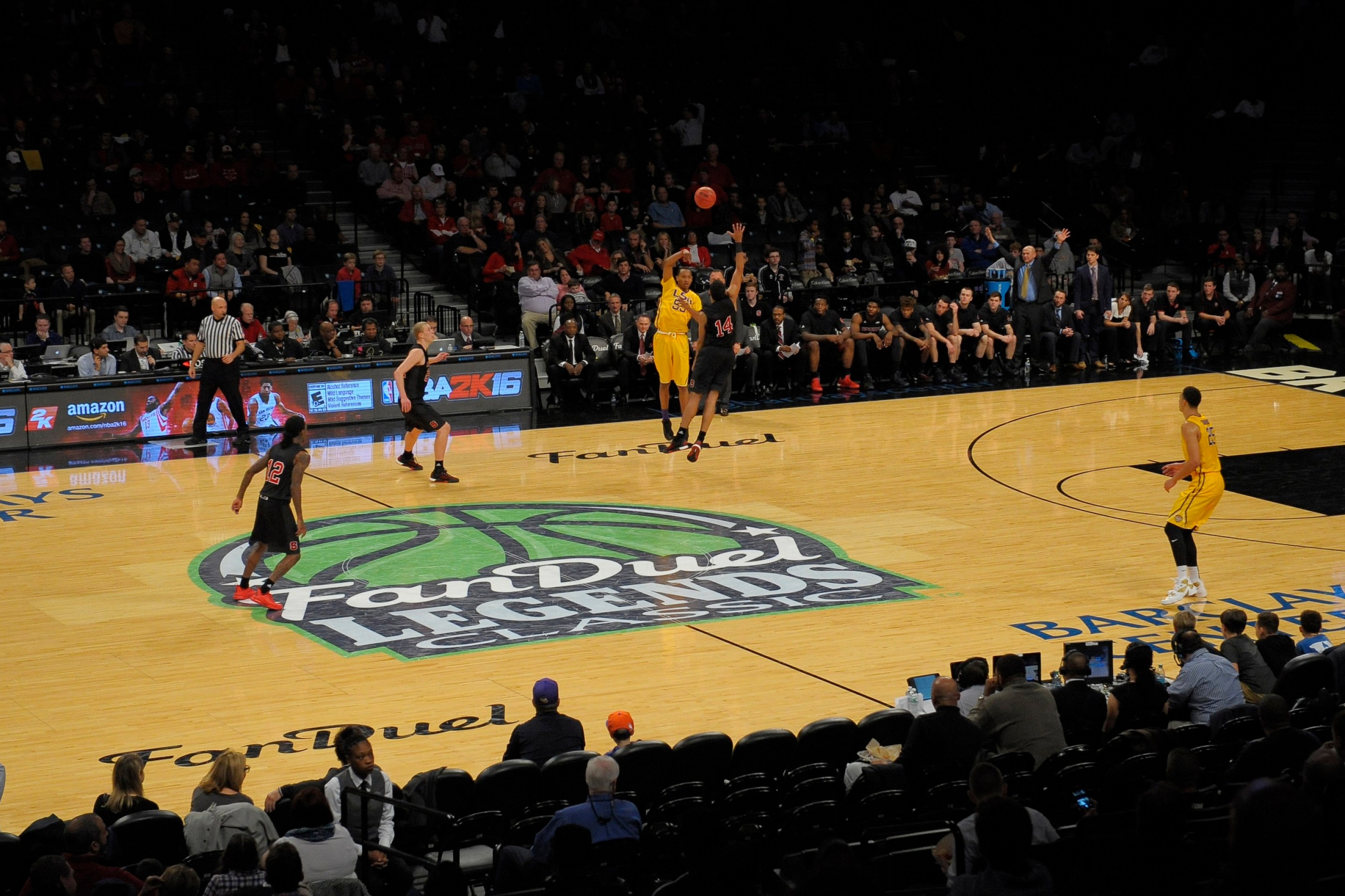 NEW YORK, NY - NOVEMBER 24: Overall view of the FanDuel logo at the Legends Classic, played between the LSU Tigers and the North Carolina State Wolfpack at the Barclays Center on November 24, 2015 in the Brooklyn borough of New York City. FanDuel was the primary sponsor of the tournament. (Photo by Porter Binks/Getty Images)