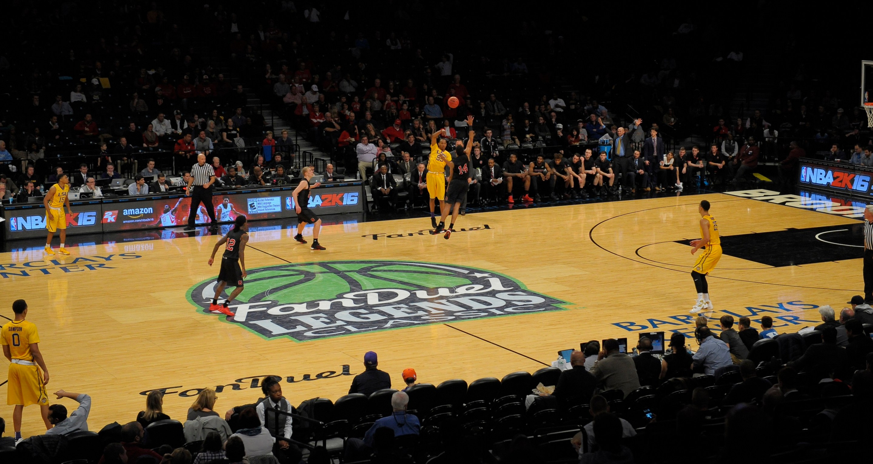 NEW YORK, NY - NOVEMBER 24: Overall view of the FanDuel logo at the Legends Classic, played between the LSU Tigers and the North Carolina State Wolfpack at the Barclays Center on November 24, 2015 in the Brooklyn borough of New York City. FanDuel was the primary sponsor of the tournament. (Photo by Porter Binks/Getty Images)